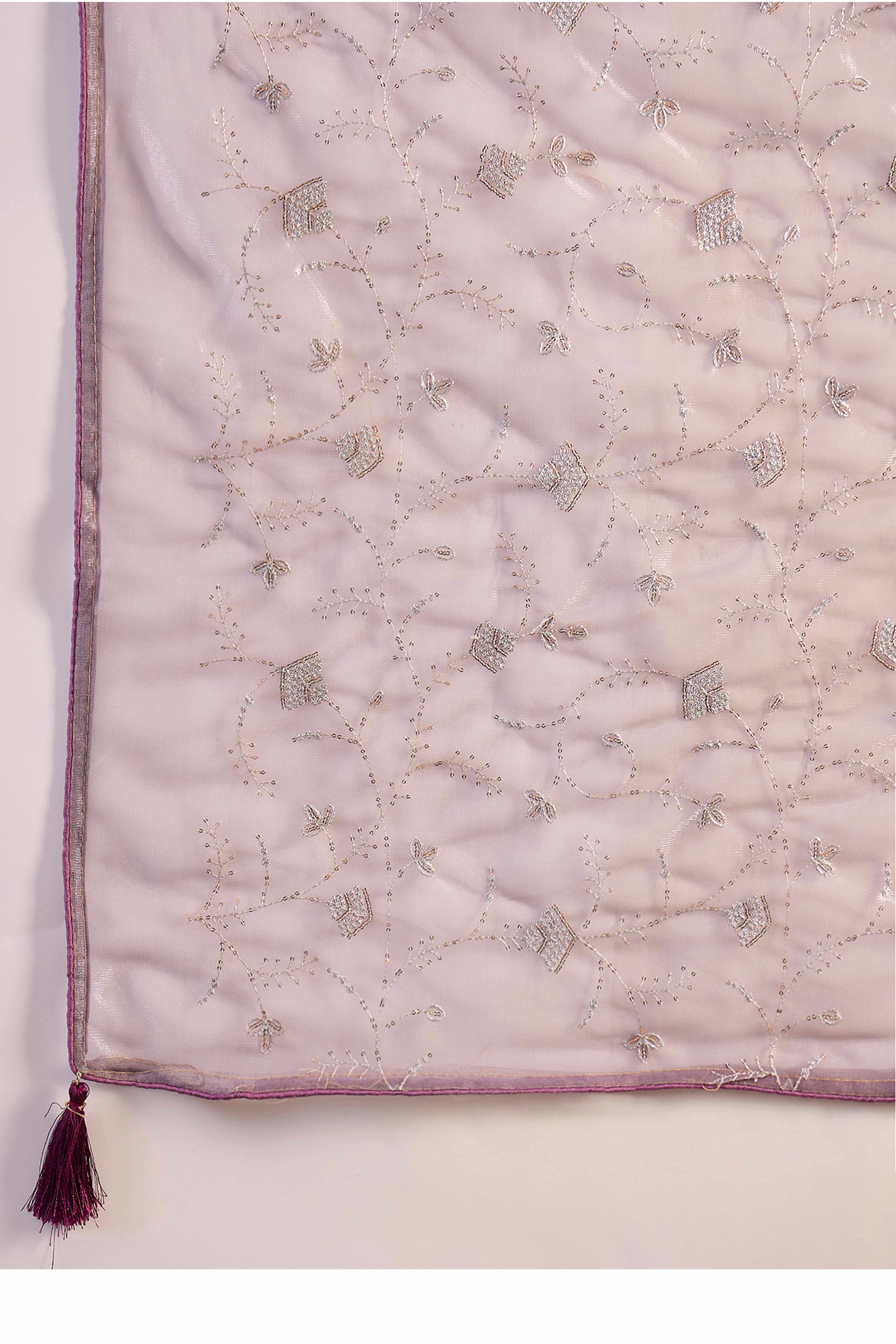 Lavender Floral Sequin Embellished Saree In Twill Net With Tassel Accents