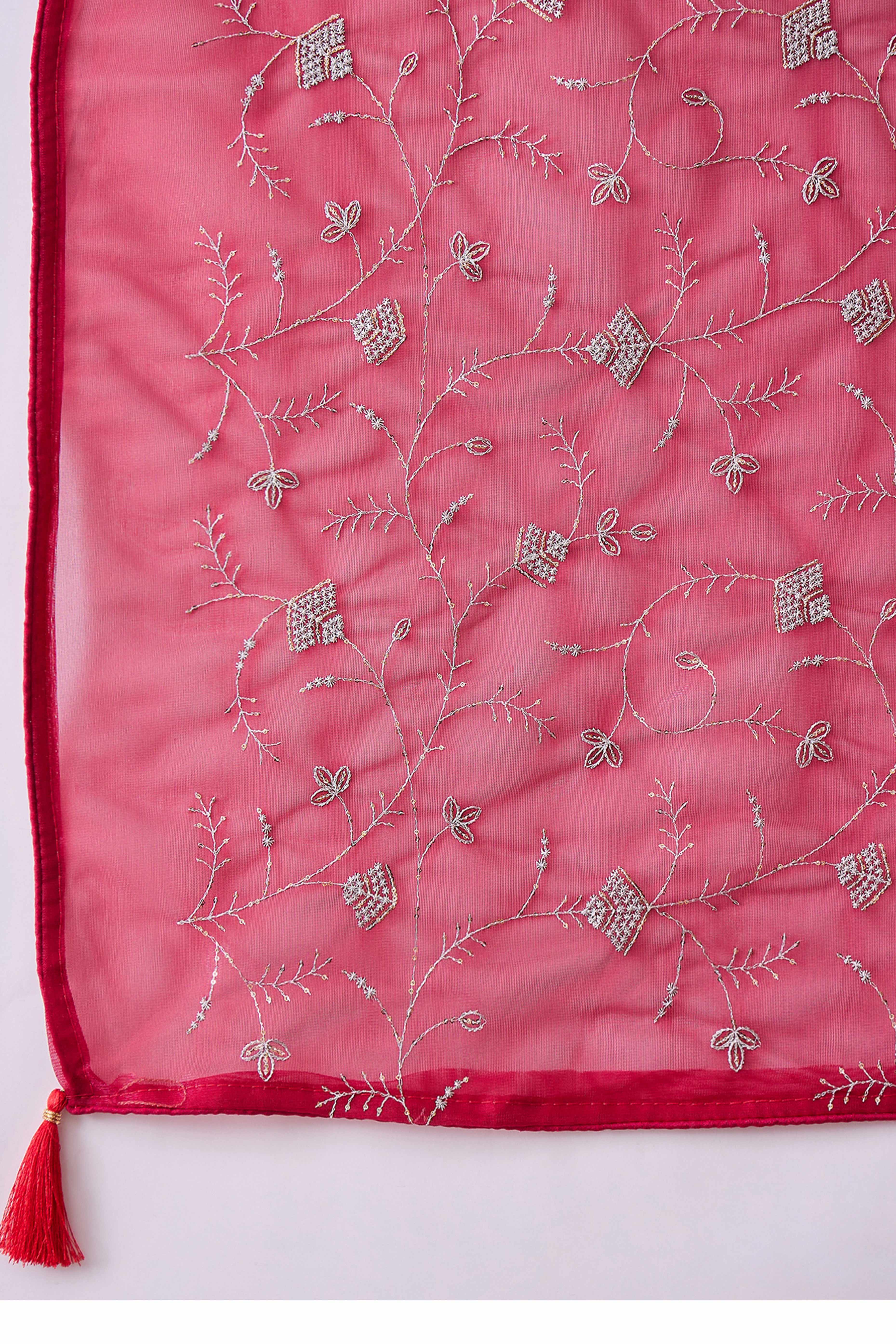 Pink Floral Sequin Embellished Saree In Twill Net With Tassel Accents
