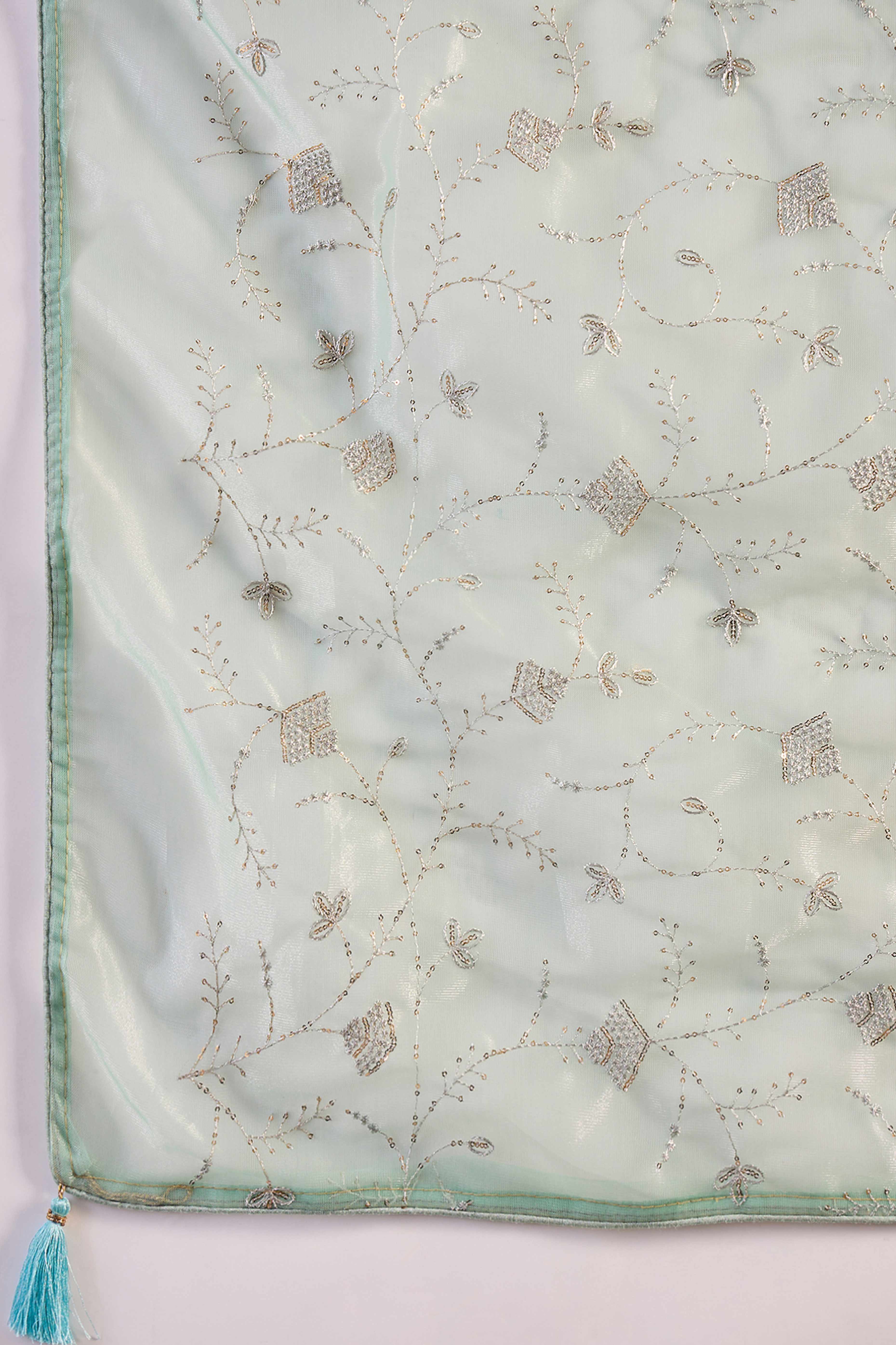 Pale Turquoise Floral Sequin Embellished Saree In Twill Net With Tassel Accents