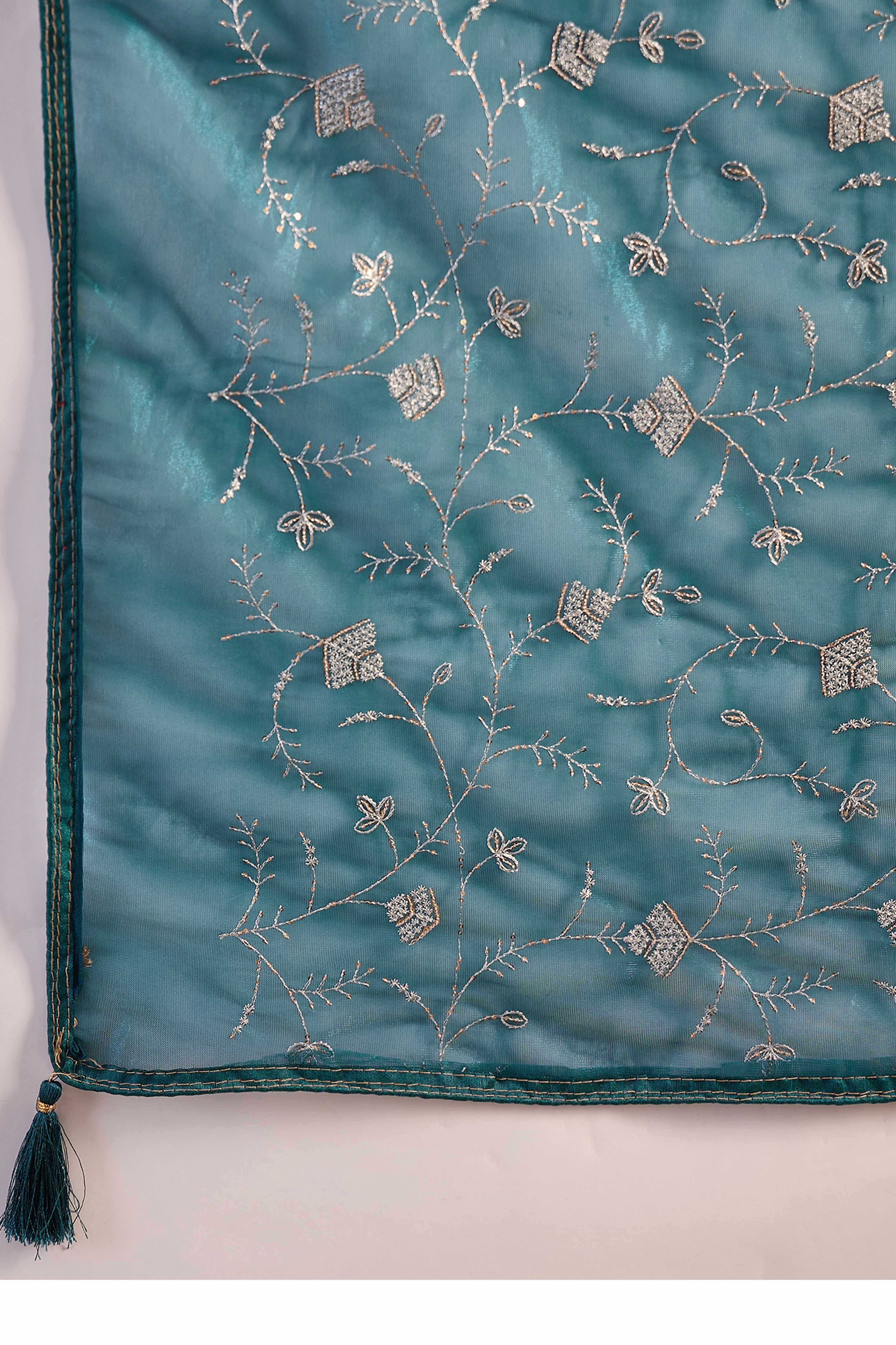 Teal Floral Sequin Embellished Saree In Twill Net With Tassel Accents
