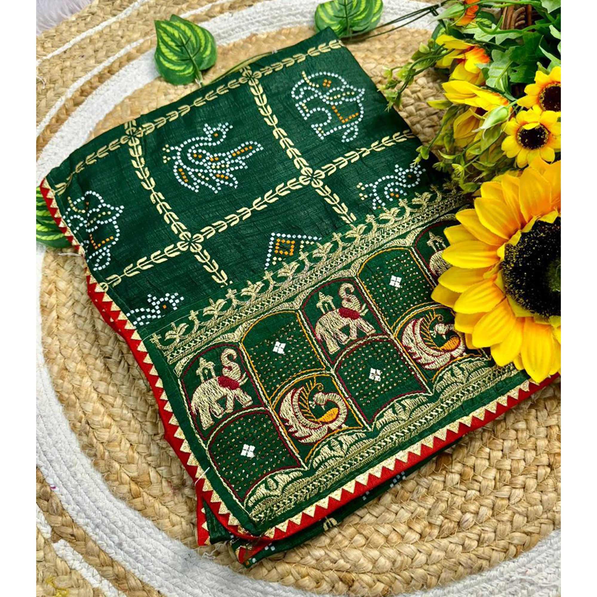 Green Vichitra Silk Saree Featuring Bandhani Patterns and Graceful Embroidered Borders