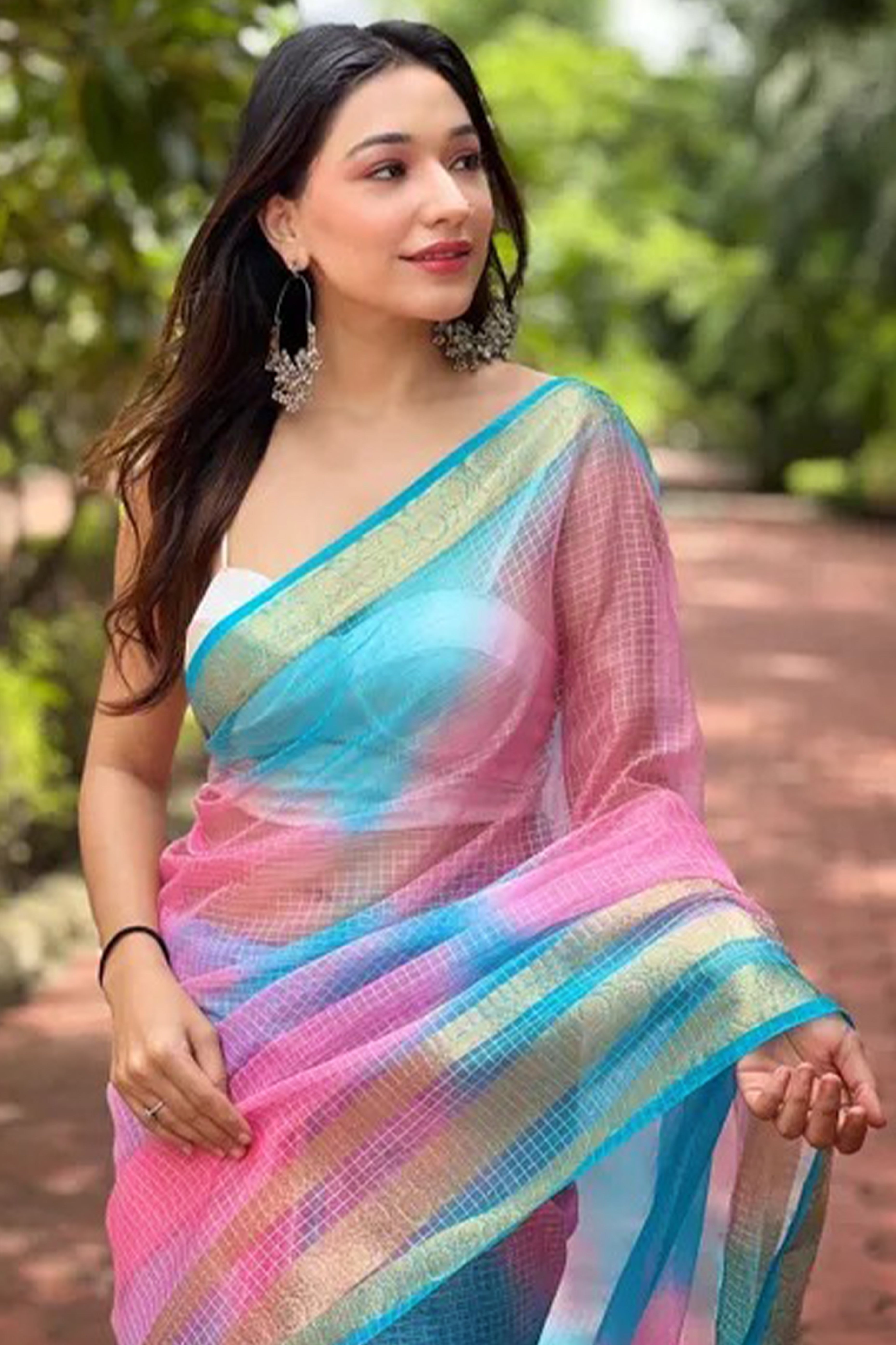 Classic Blue & Pink Kerala Inspired Checked Weaving Organza Saree