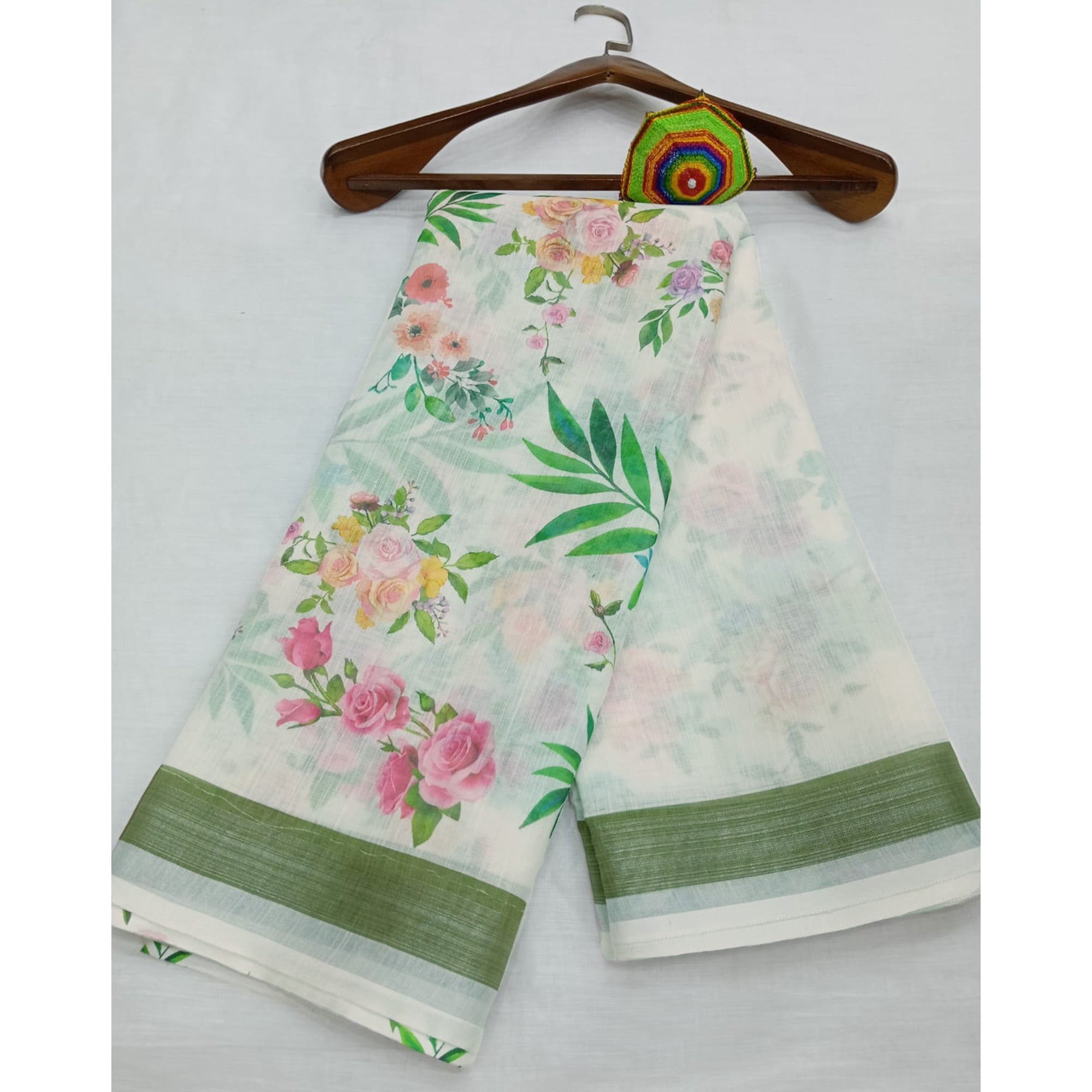 White Floral Digital Printed Linen Saree