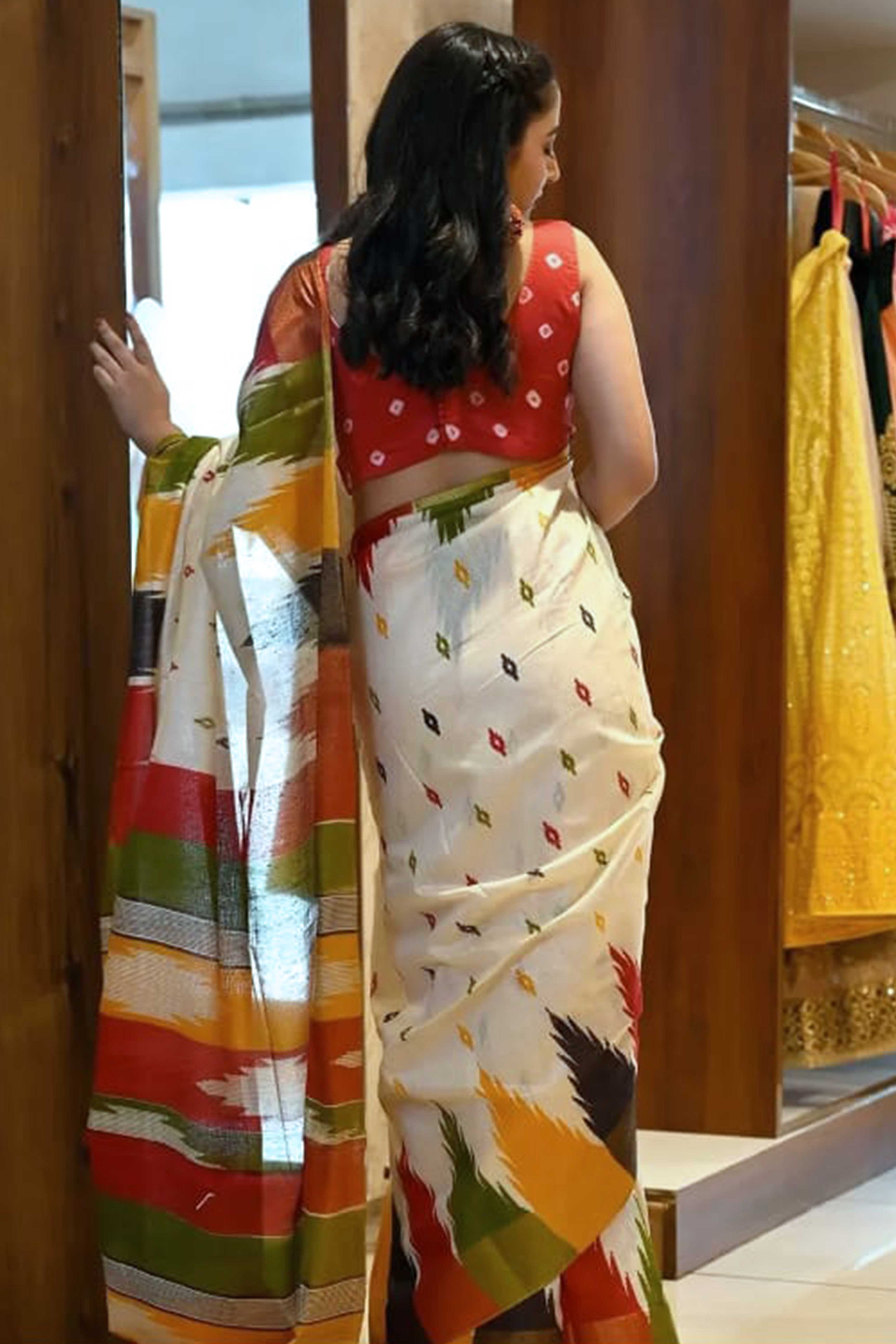 Classic Cream Linen Cotton Drape Featuring Ikkat-Inspired Prints