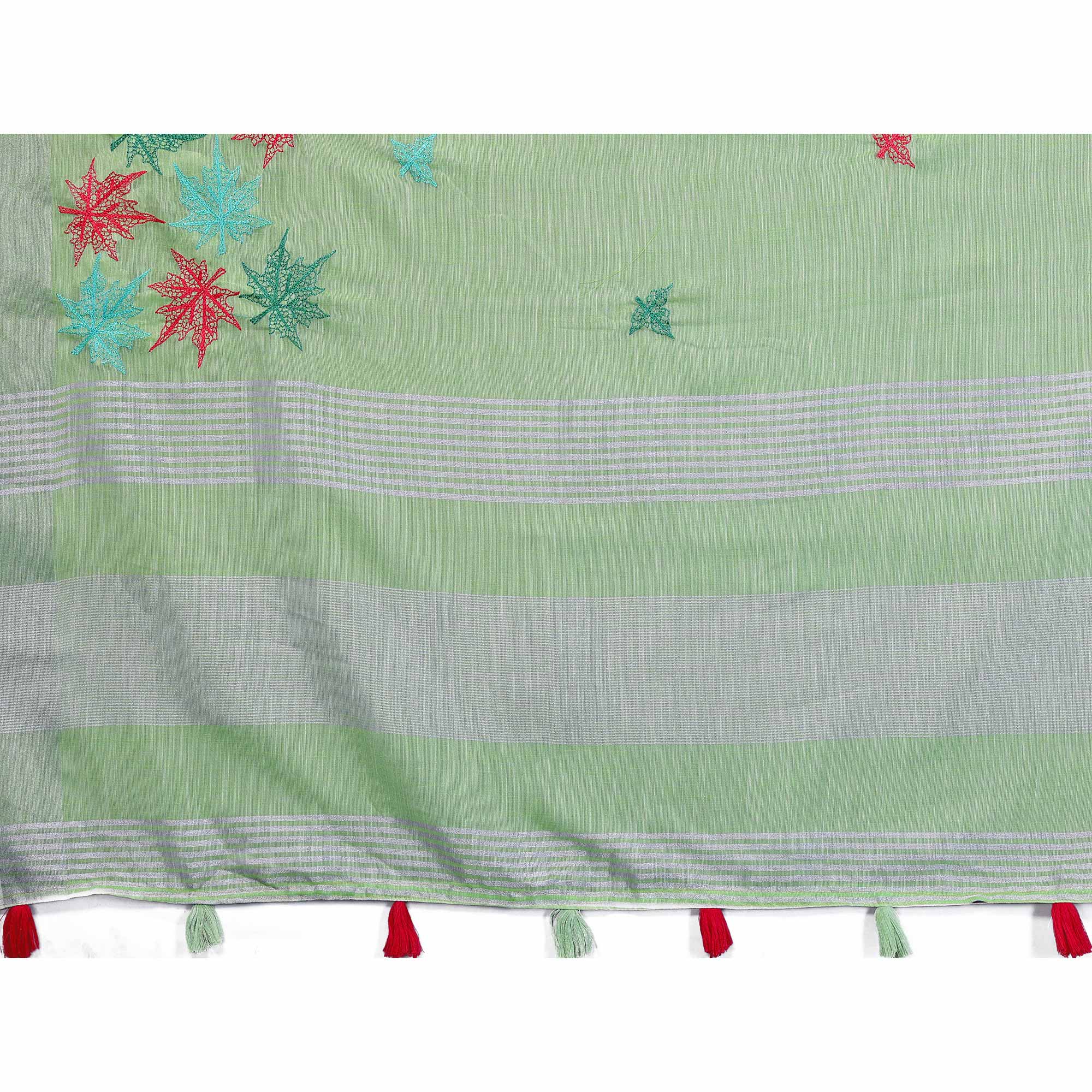 Green Floral Embroidered Cotton Silk Saree