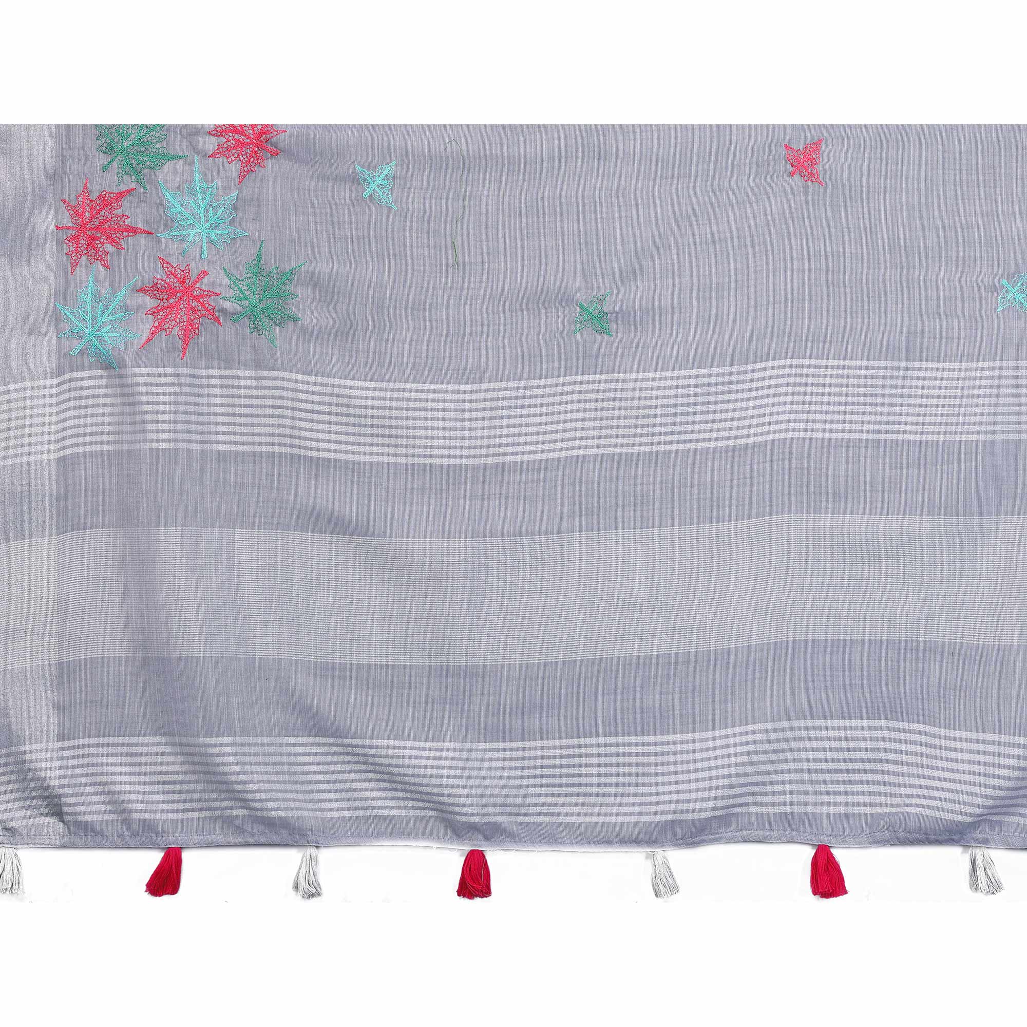 Grey Floral Embroidered Cotton Silk Saree