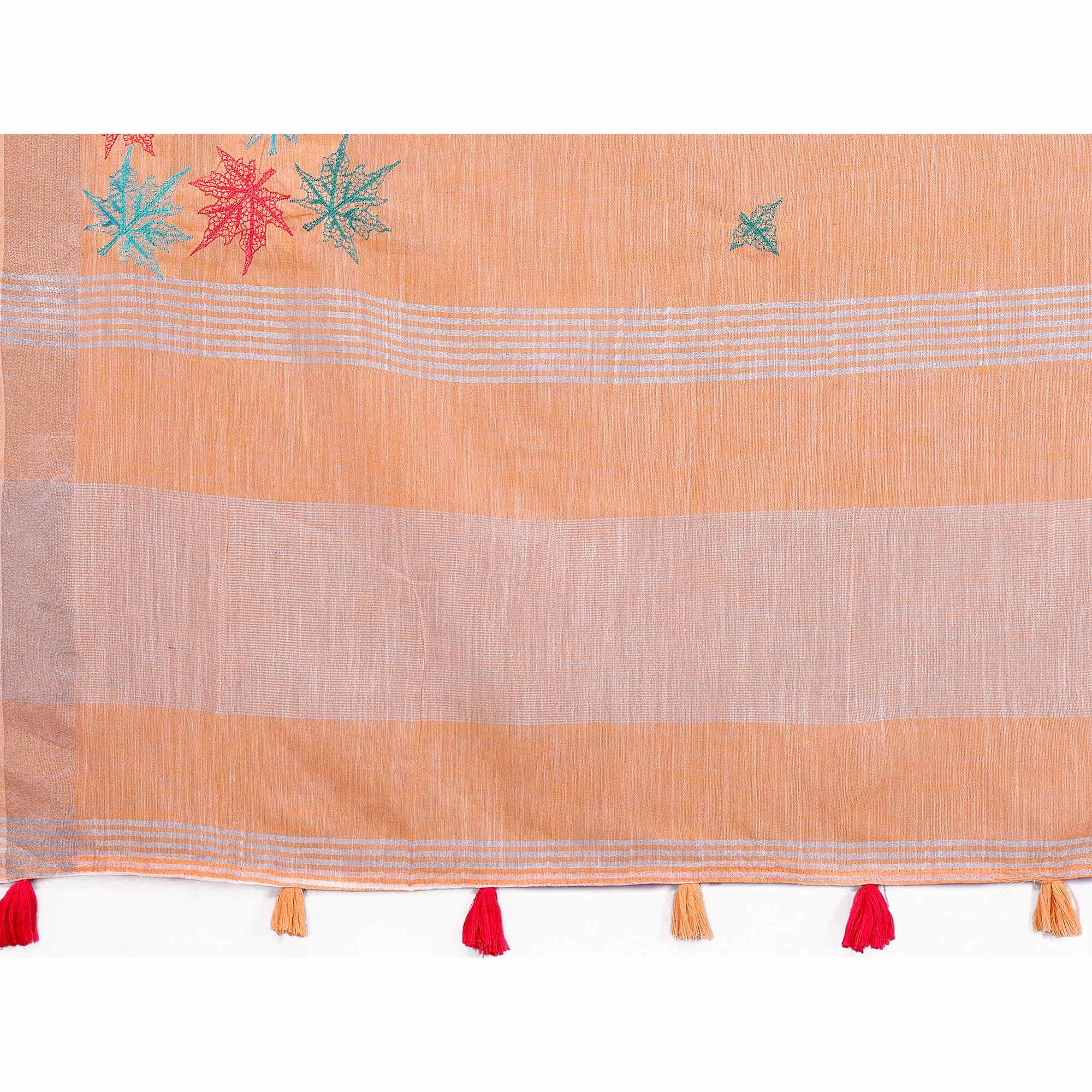 Orange Floral Embroidered Cotton Silk Saree
