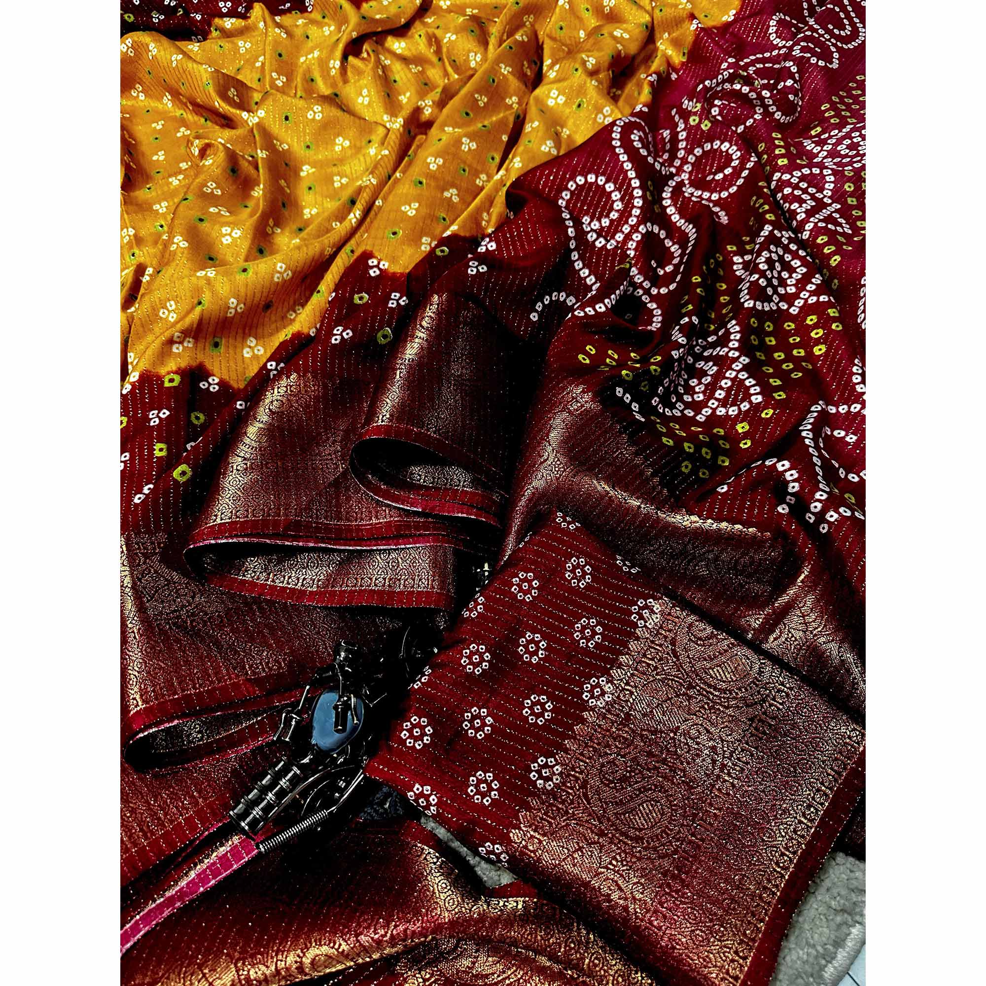 Mustard Saree in Dola Silk with All-Over Bandhani Print and Zari Highlights