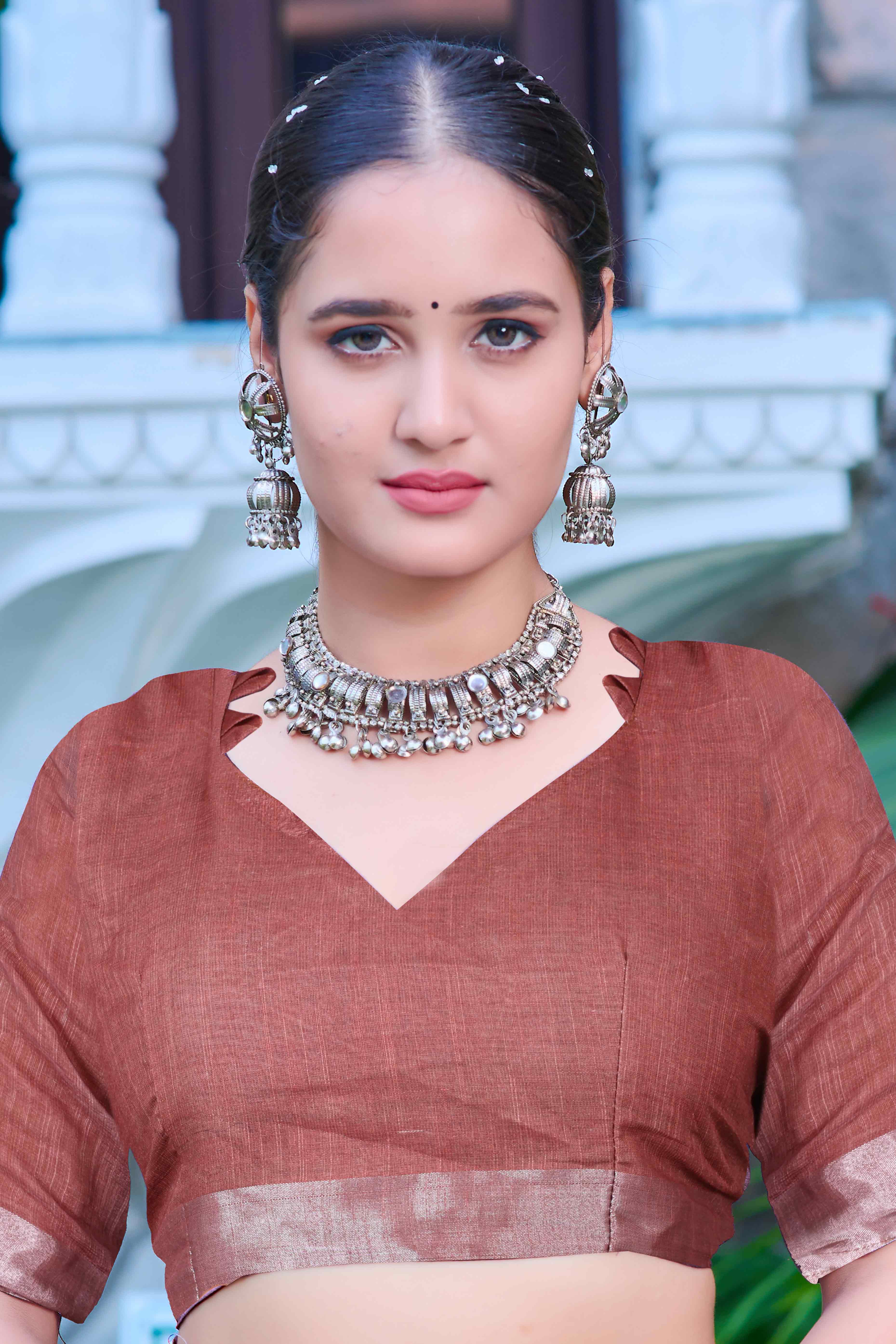 Brown Floral Printed Linen Saree