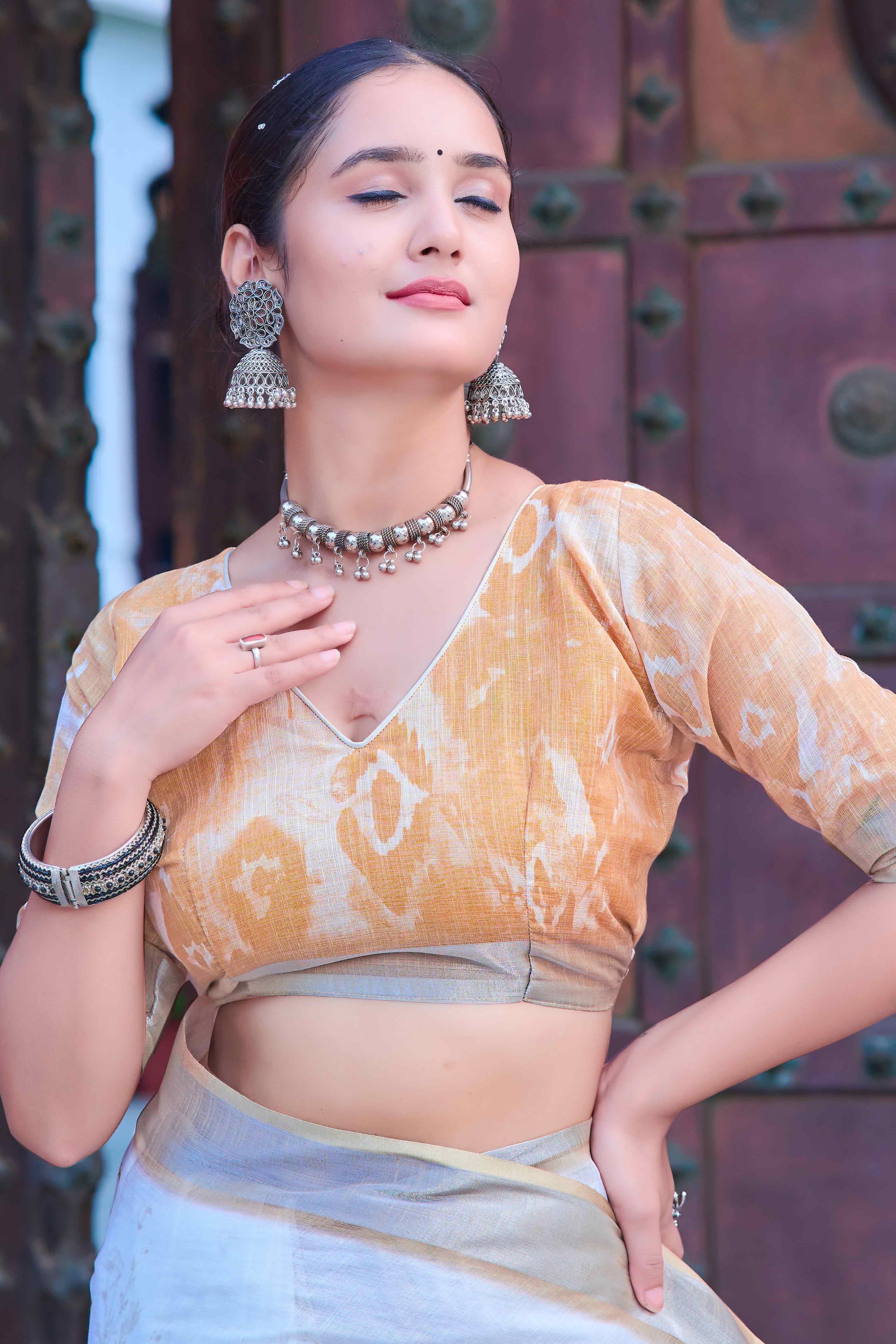 Off White Floral Printed Linen Saree