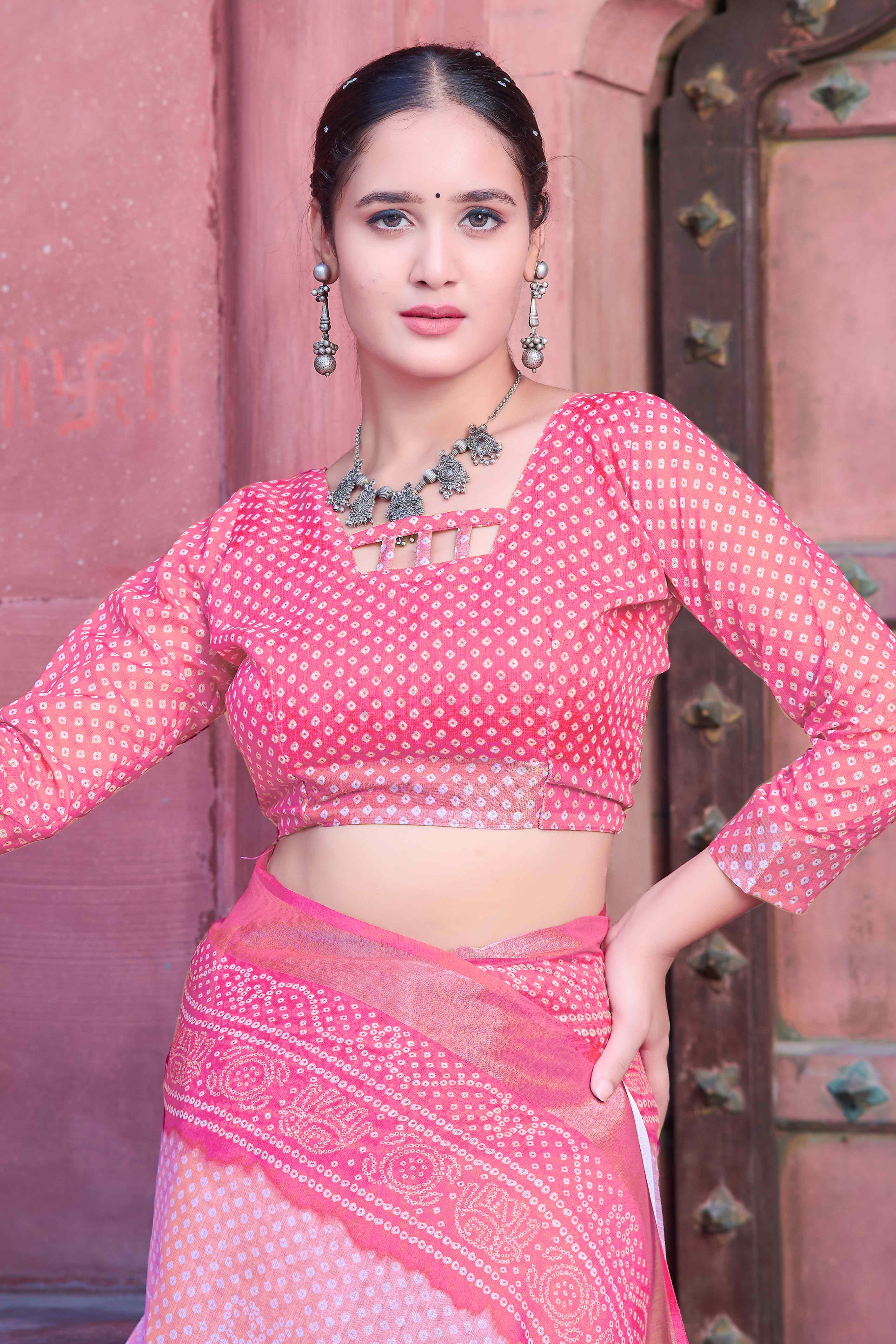 Pink Bandhani Printed Linen Saree