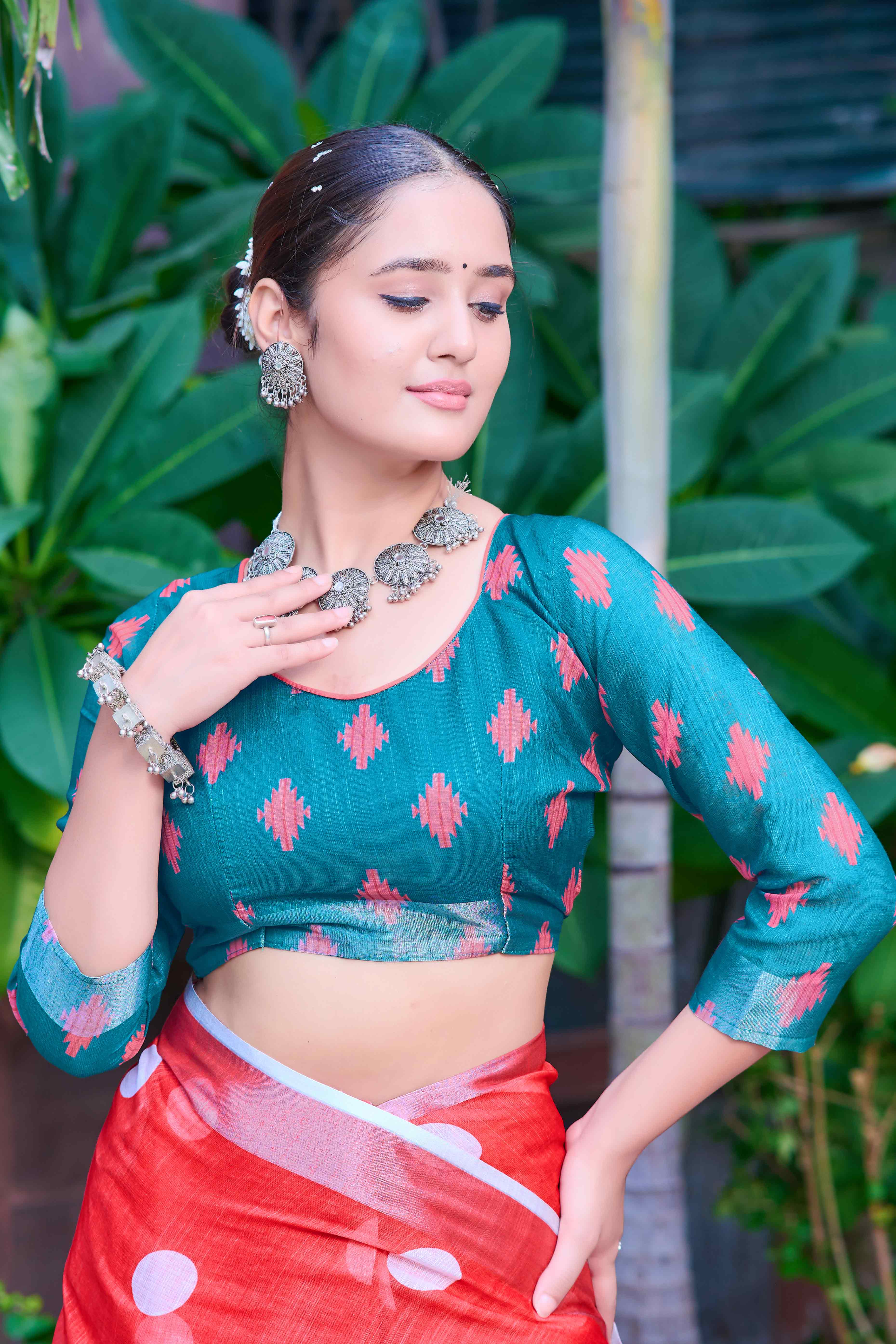 Red Polka Dot Printed Linen Saree