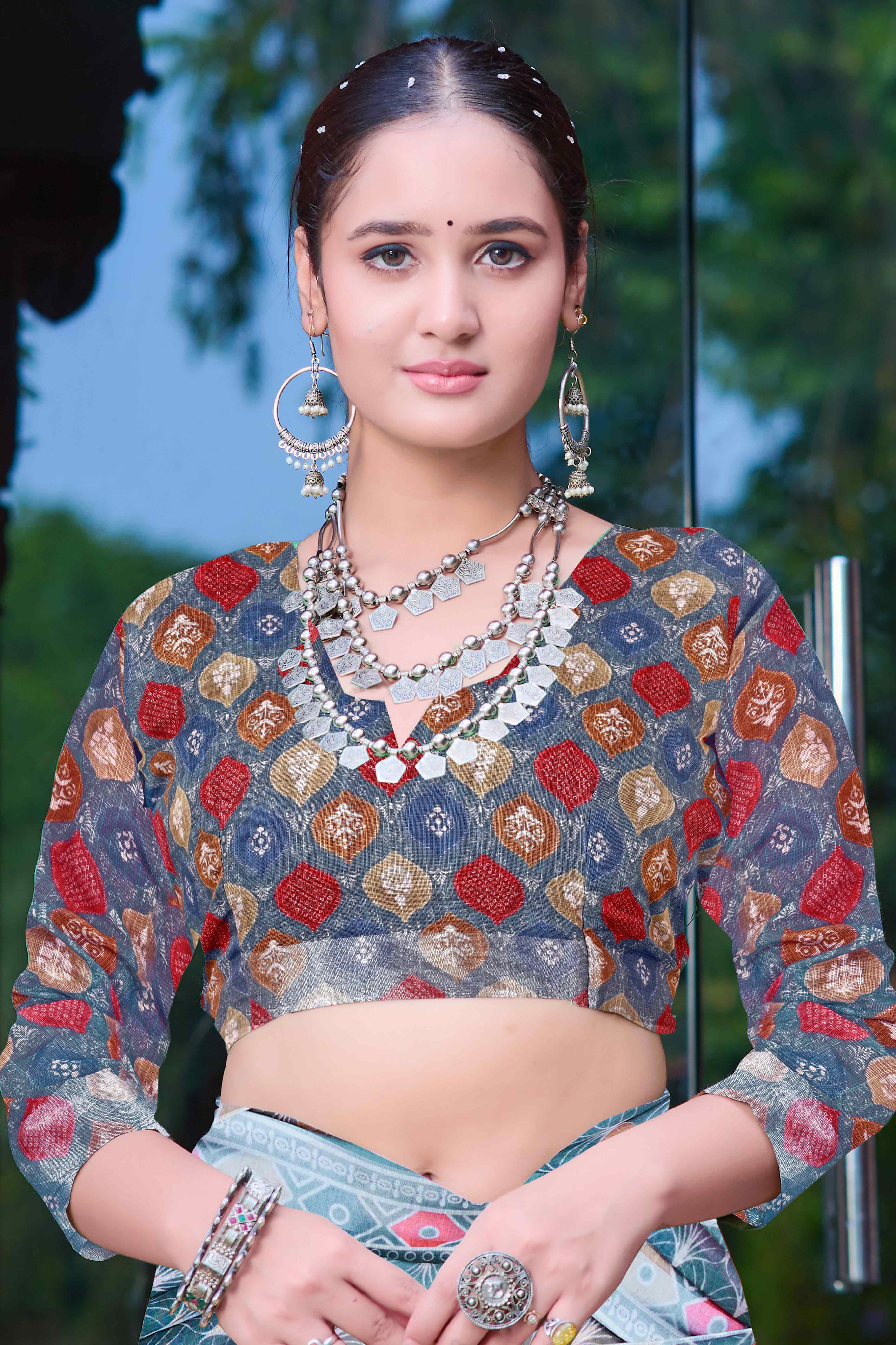 Teal Floral Printed Linen Saree