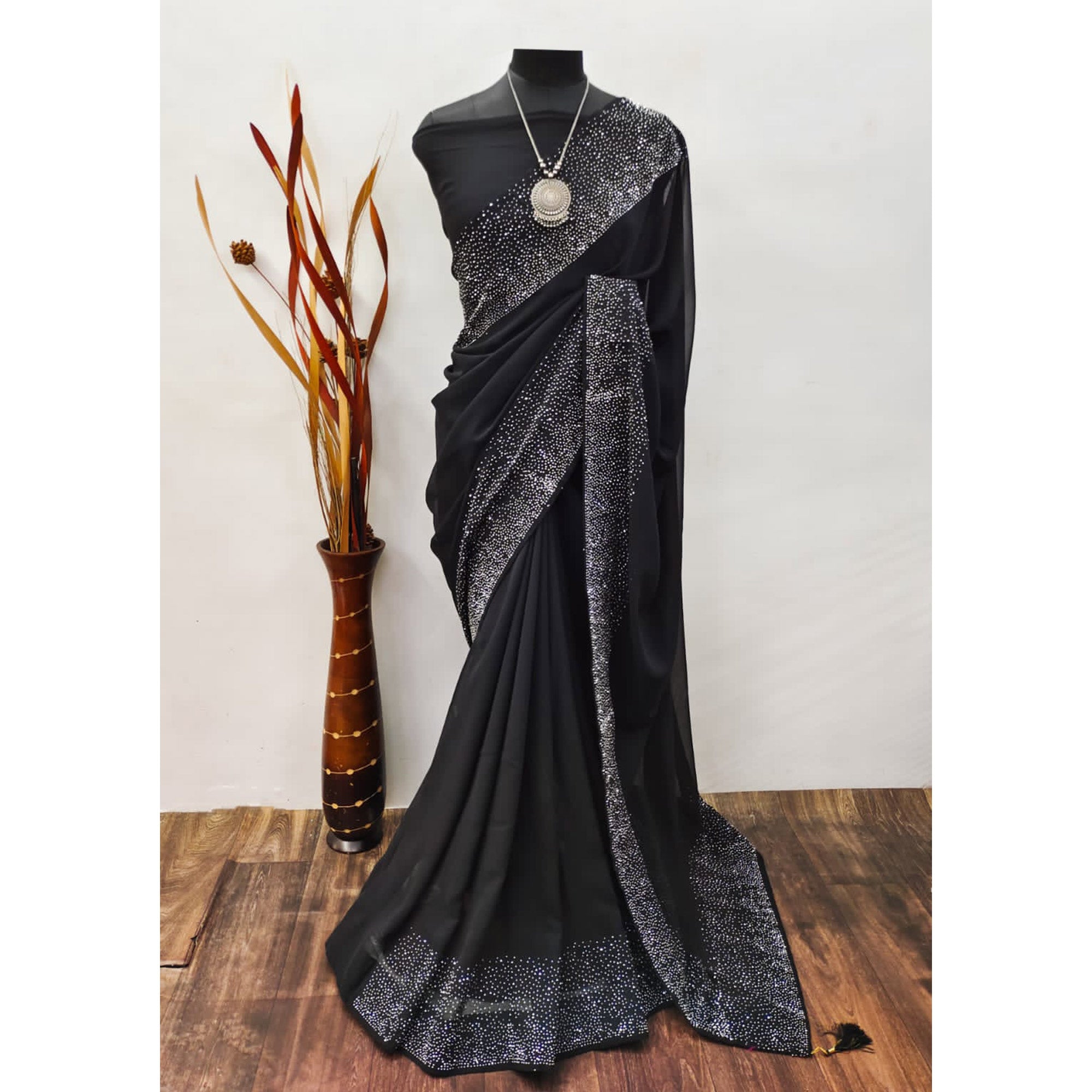 Black Swarovski Border Work Georgette Saree