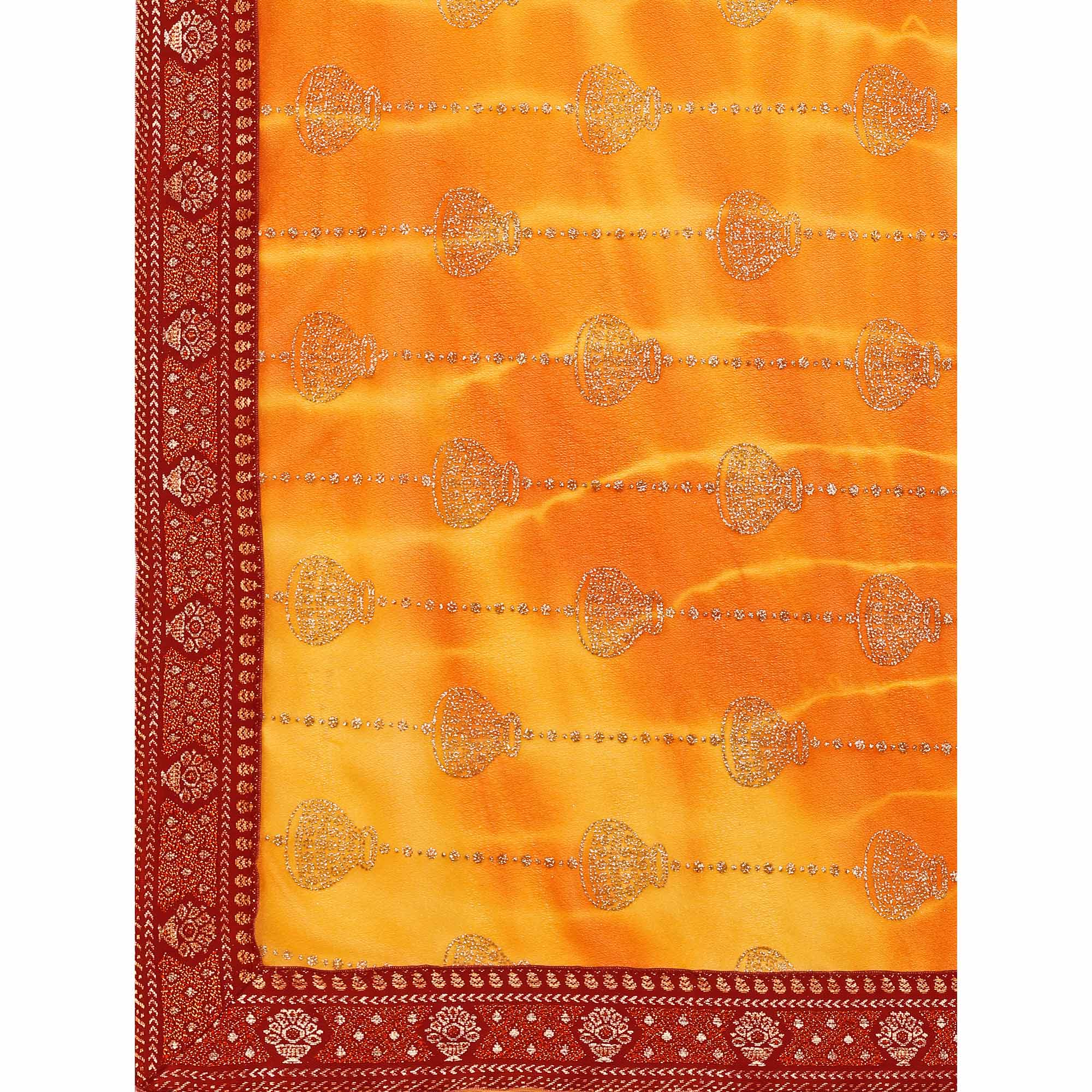 Orange Foil Printed Lycra Saree With Lace Border