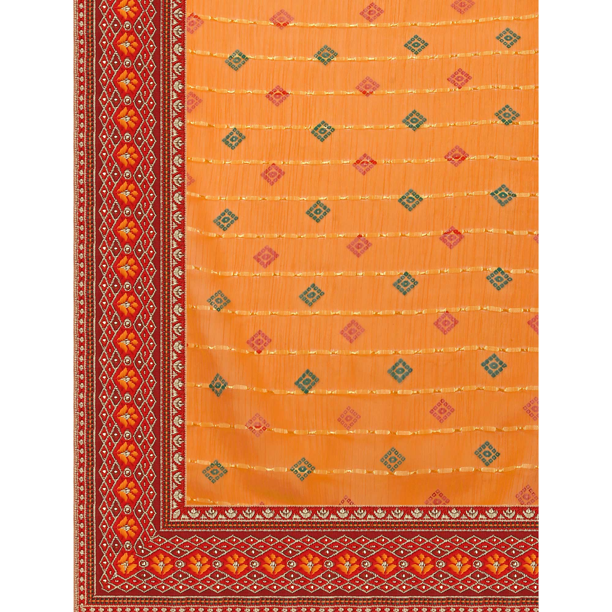 Orange Foil Printed Chiffon Saree With Lace Border