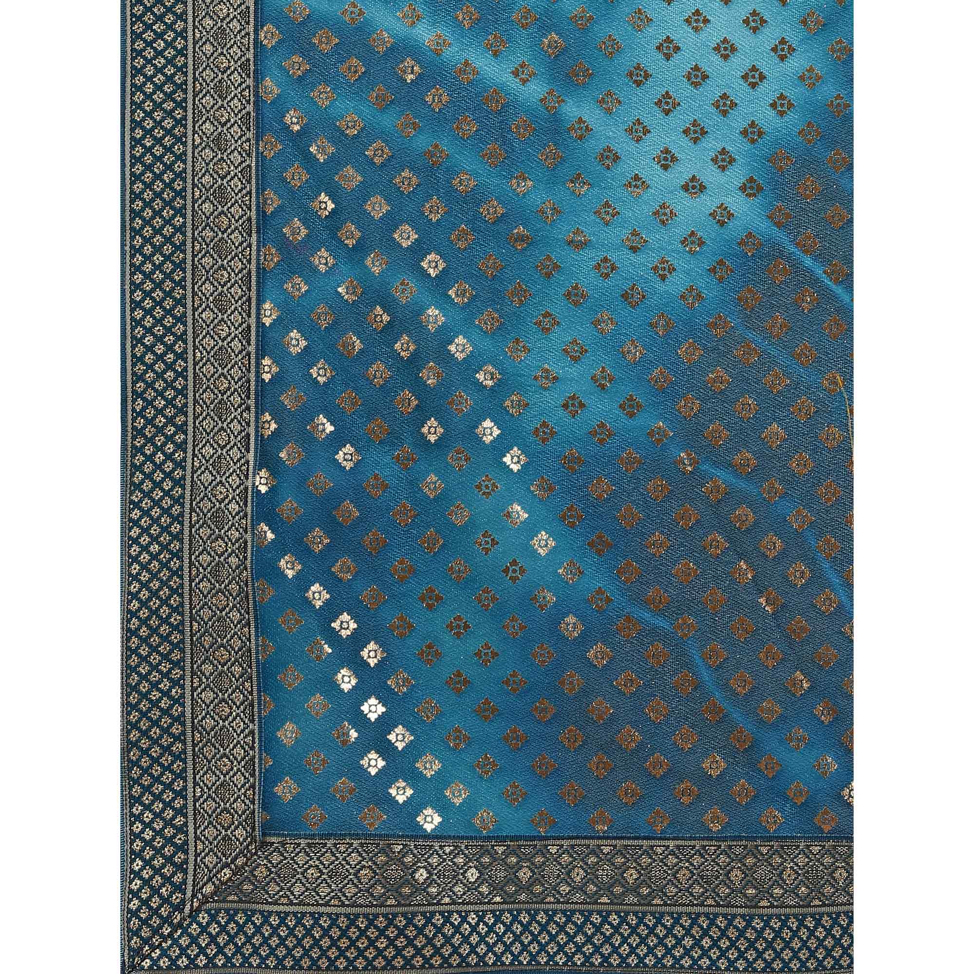 Blue Foil Printed Lycra Saree With Lace Border