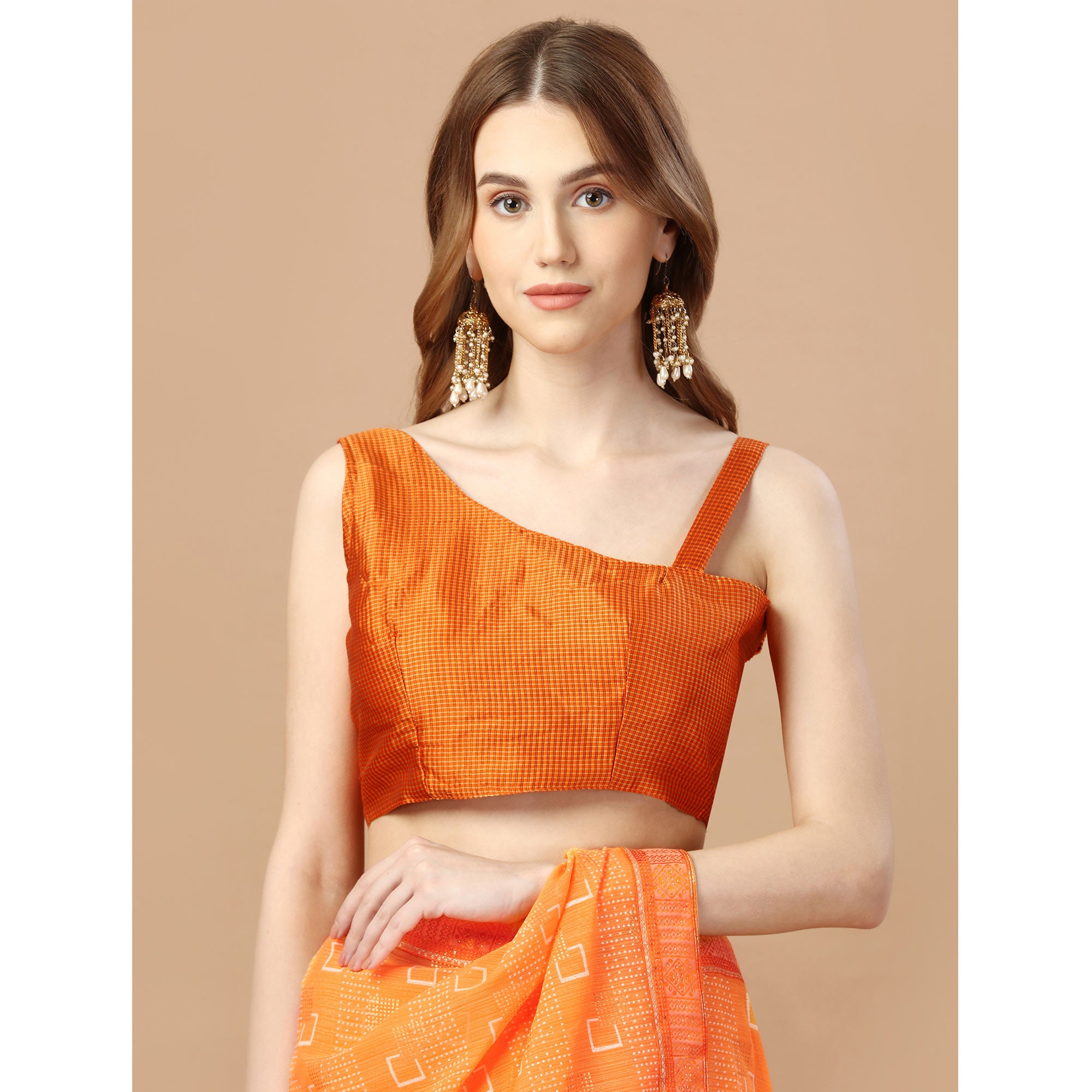 Orange Foil Printed Chiffon Saree With Lace Border