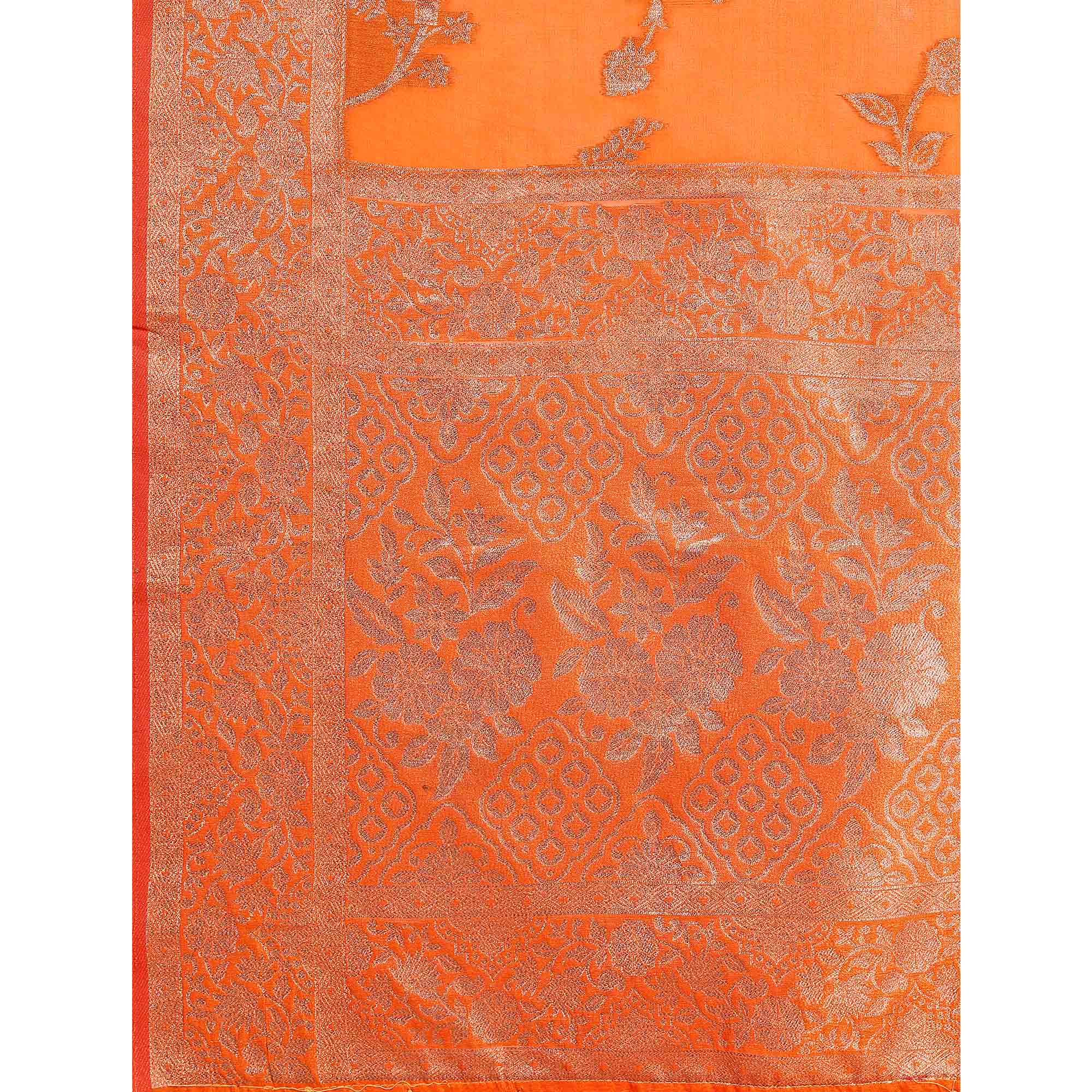 Orange Woven Organza Saree With Tassels