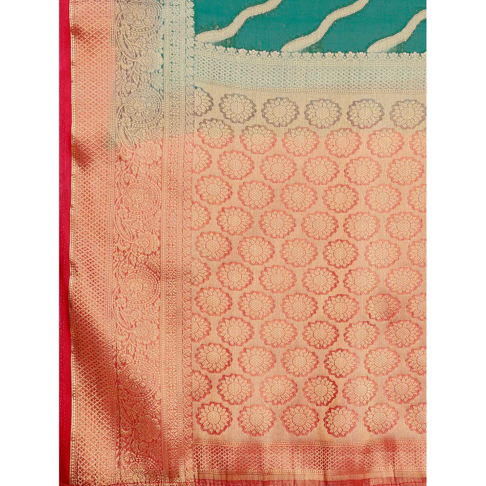 Teal Green Woven Organza Saree With Tassels
