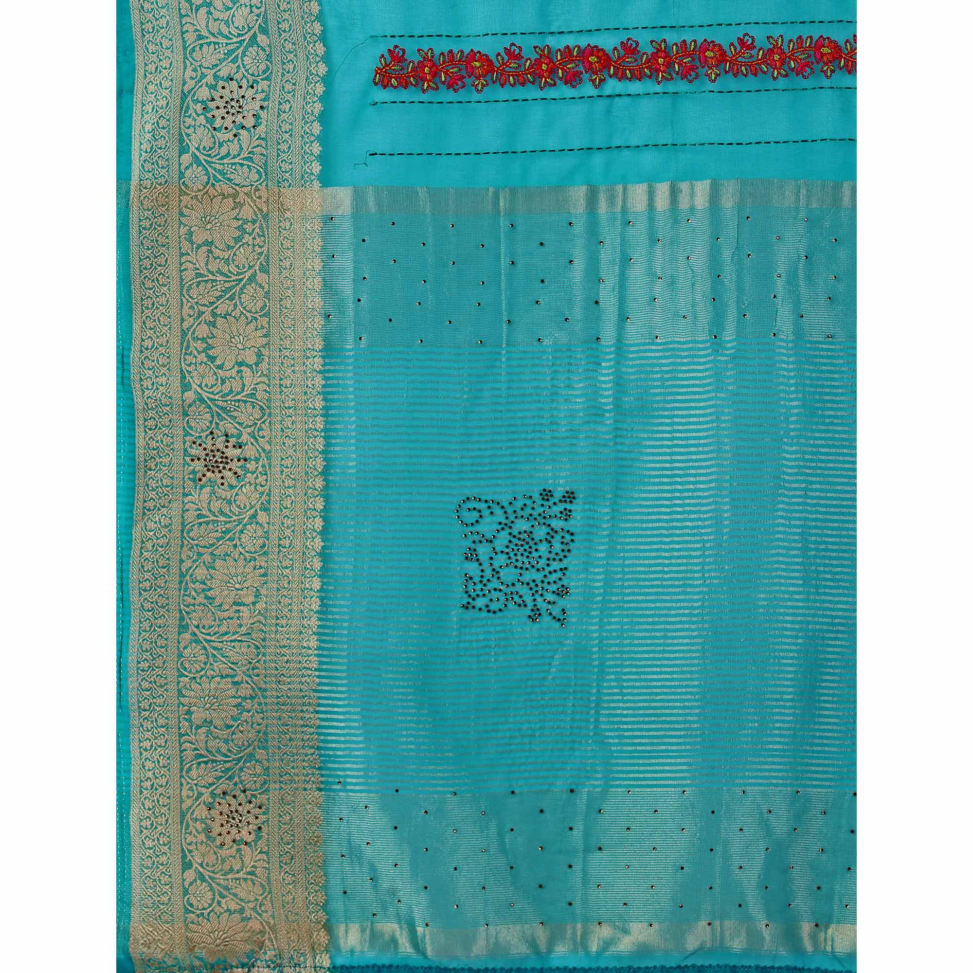 Rama Blue Floral Embroidery With Swarovski Work Organza Saree