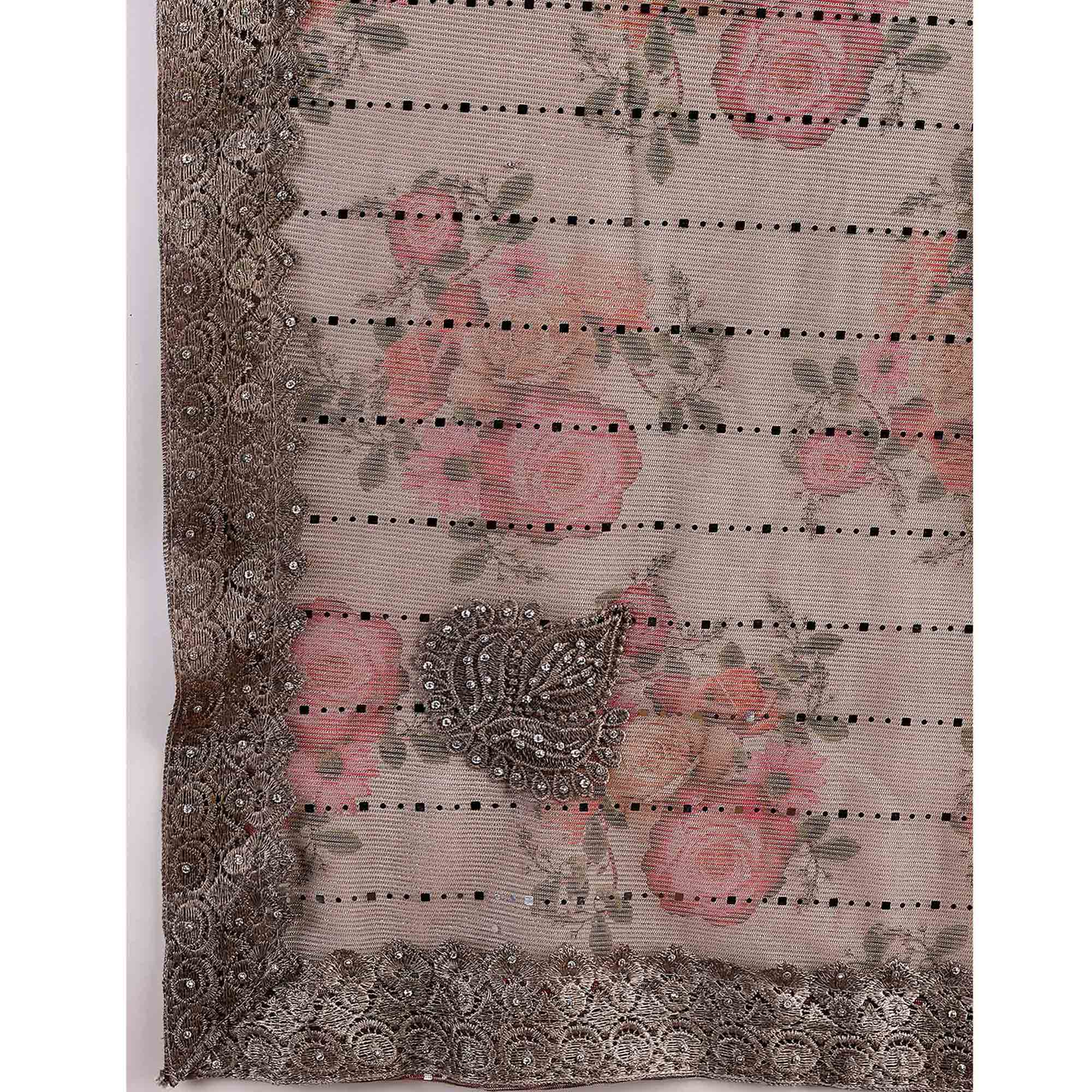 Grey Floral Digital Printed Lycra Saree With Embroidered Border