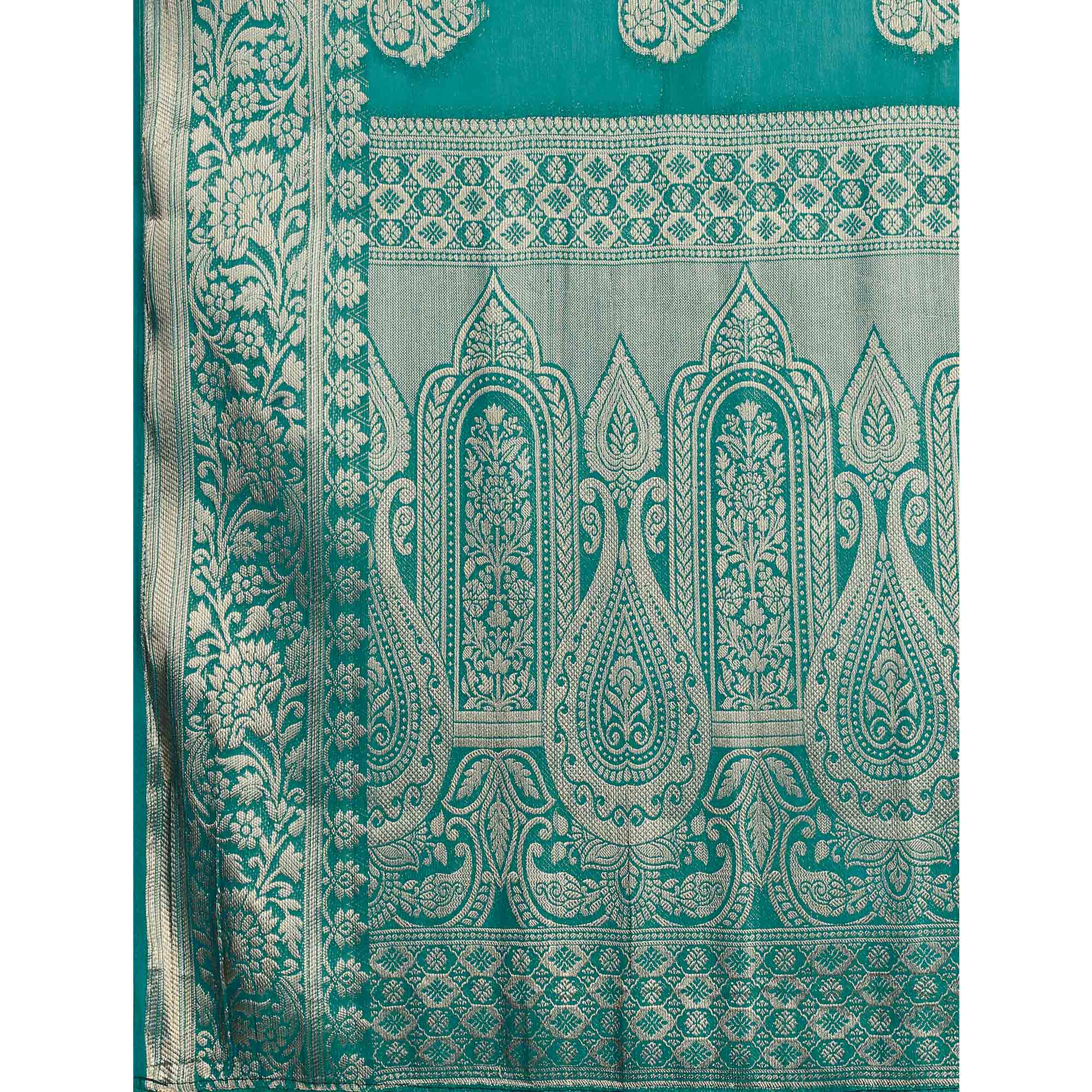 Turquoise Blue Woven Chiffon Saree With Tassels