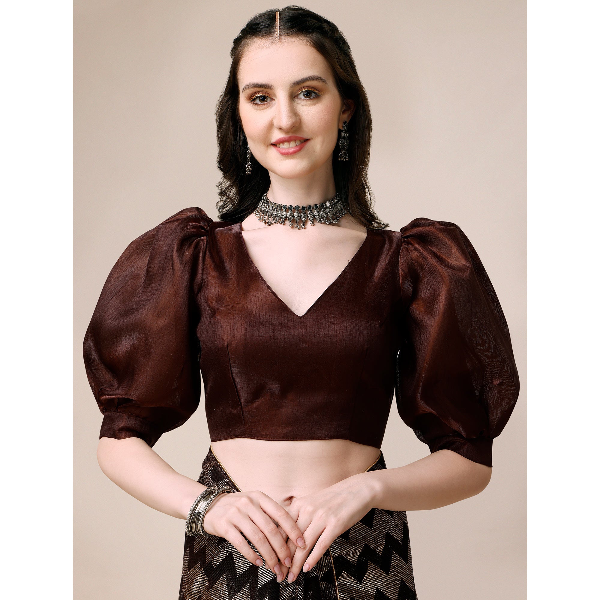 Brown Digital Foil Printed Rayon Saree