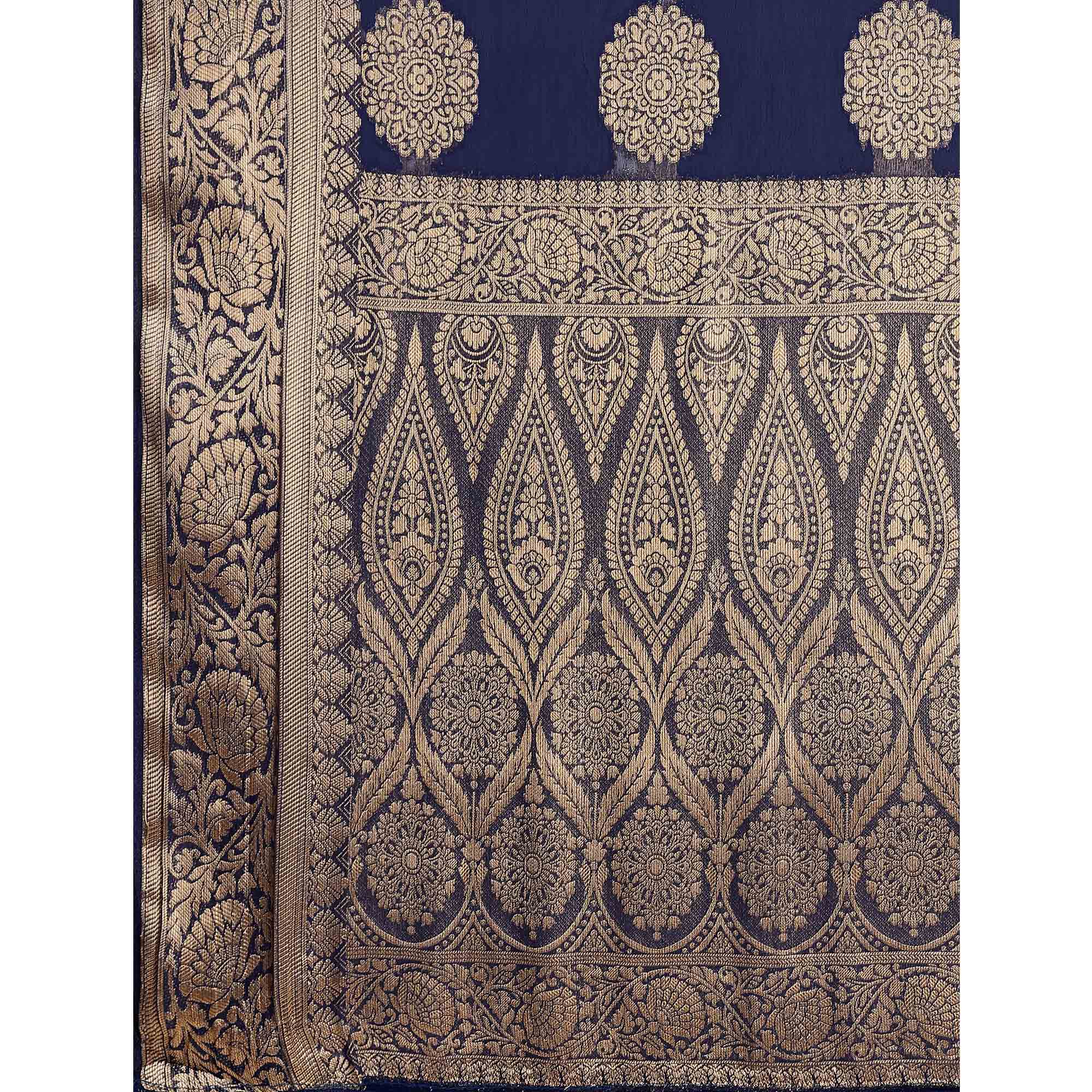 Navy Blue Woven Chiffon Saree With Tassels