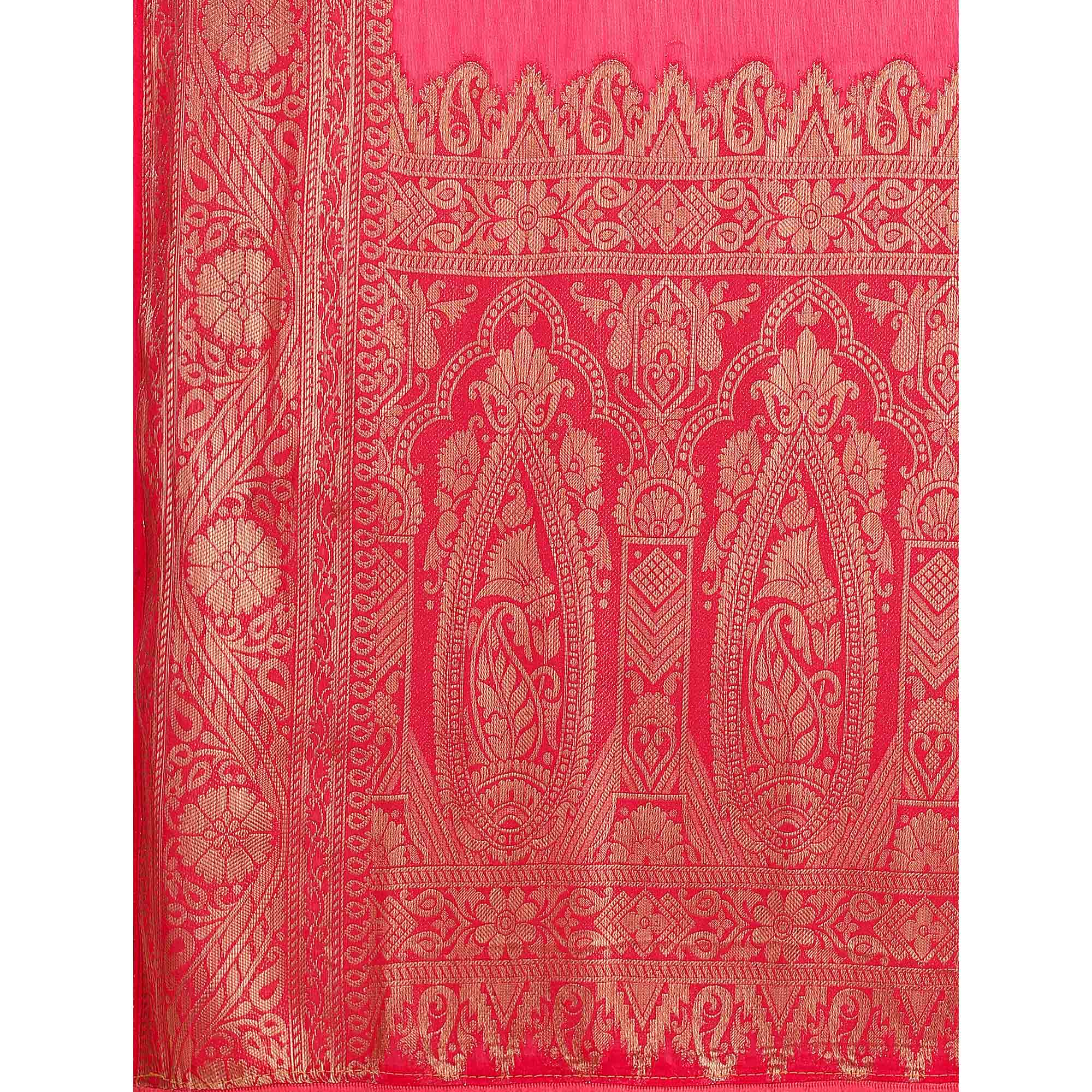 Pink Woven Chiffon Saree With Tassels