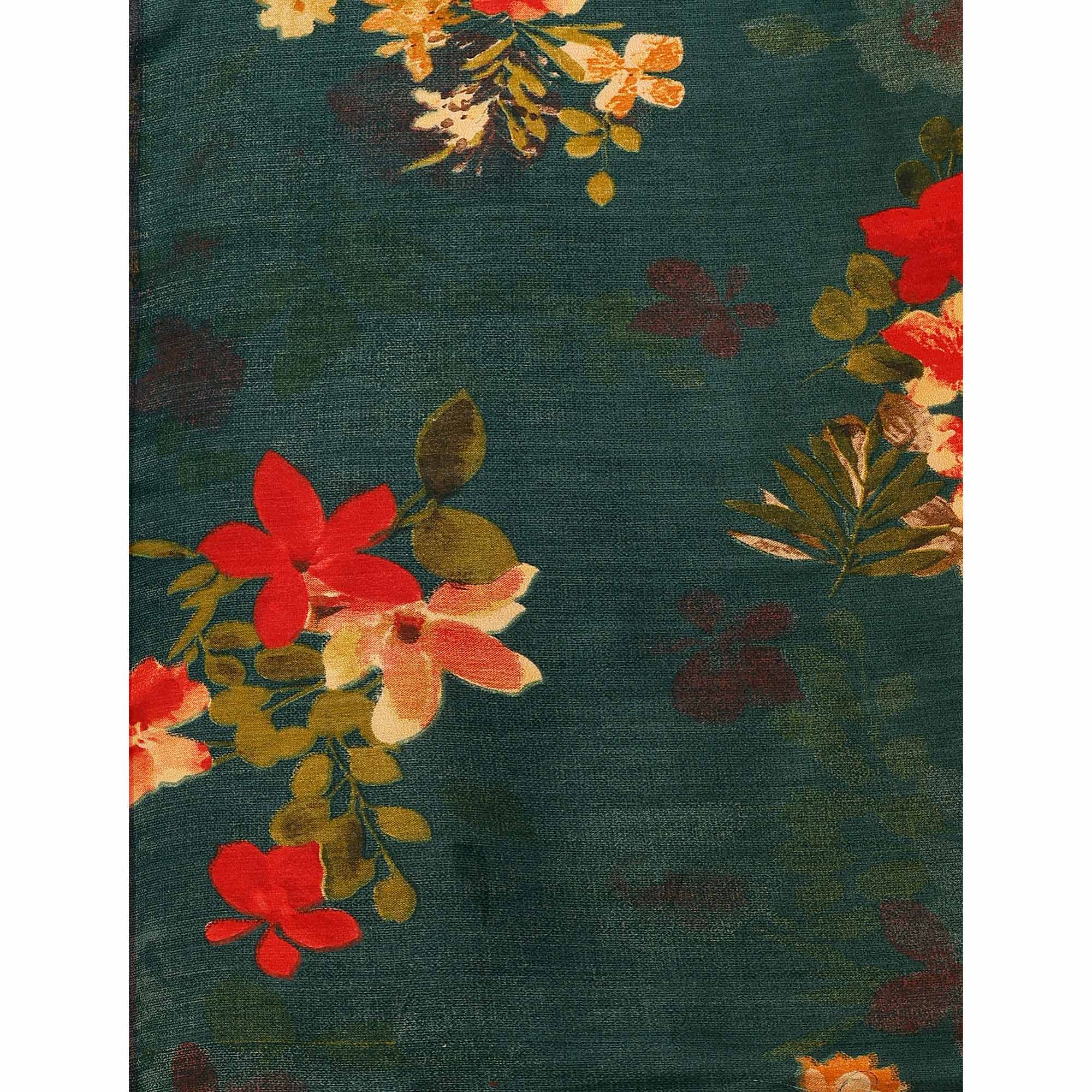 Green & Brown Floral Printed Vichitra Silk Saree