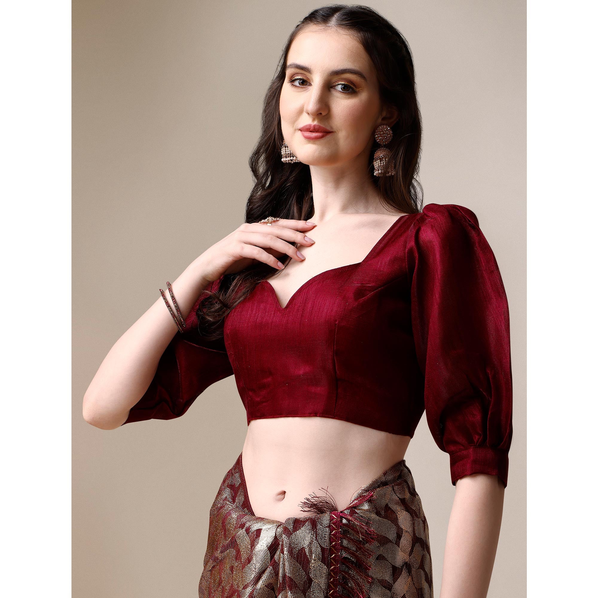 Wine & Gold Foil Printed Rayon Saree