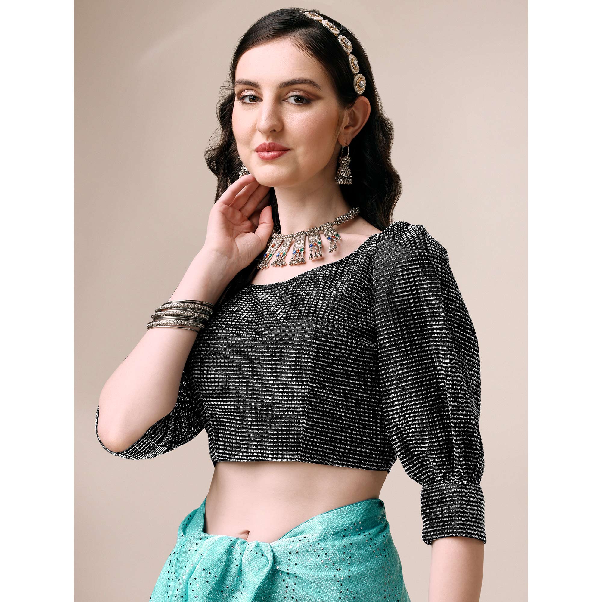 Turquoise Foil Printed Raw Silk Saree