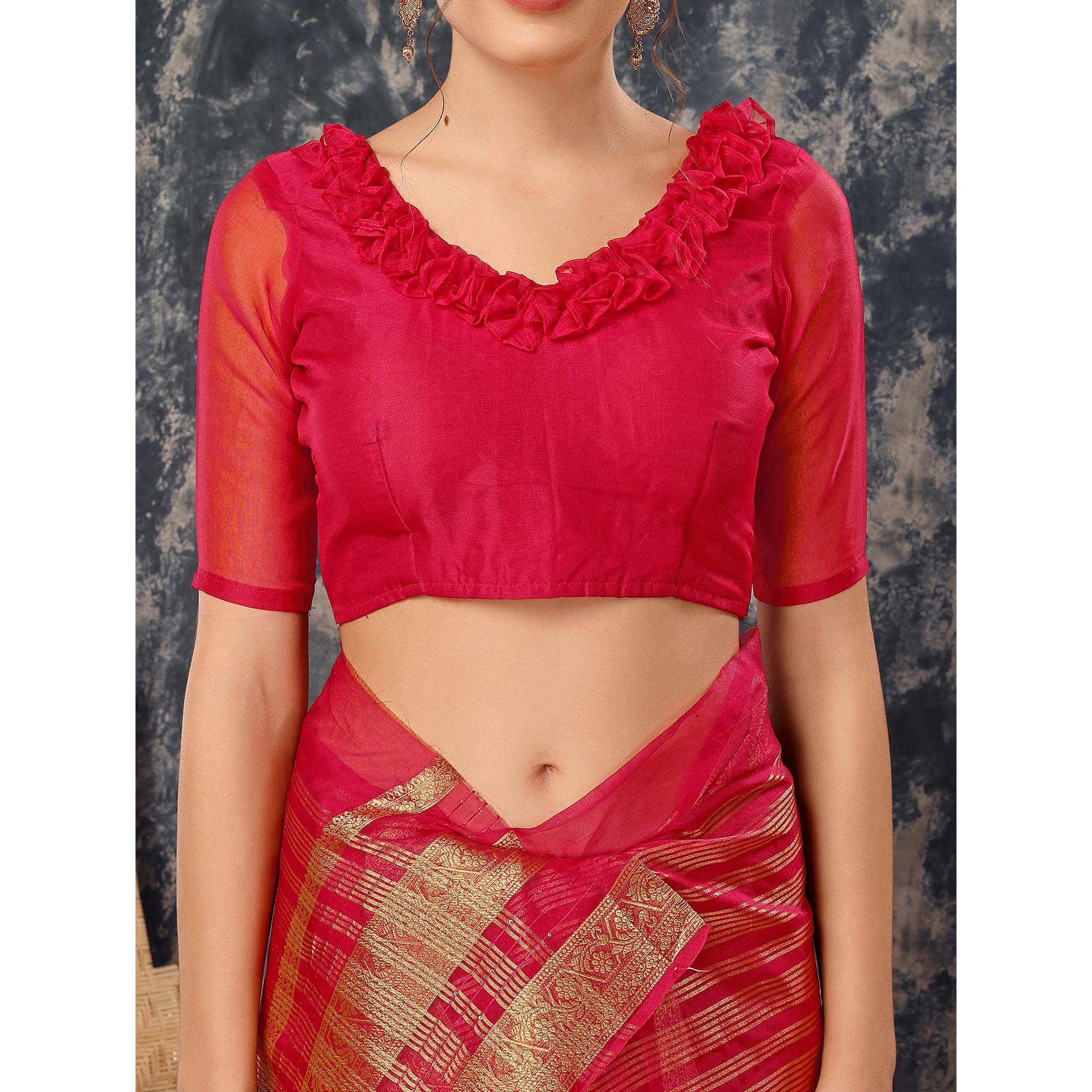 Pink Floral Zari Woven Organza Saree