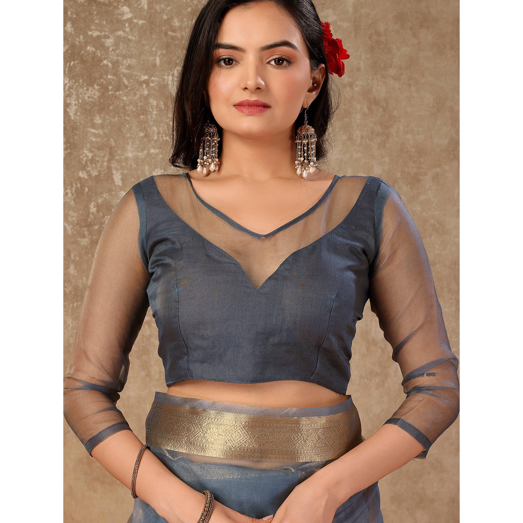 Grey Floral Zari Woven Organza Saree