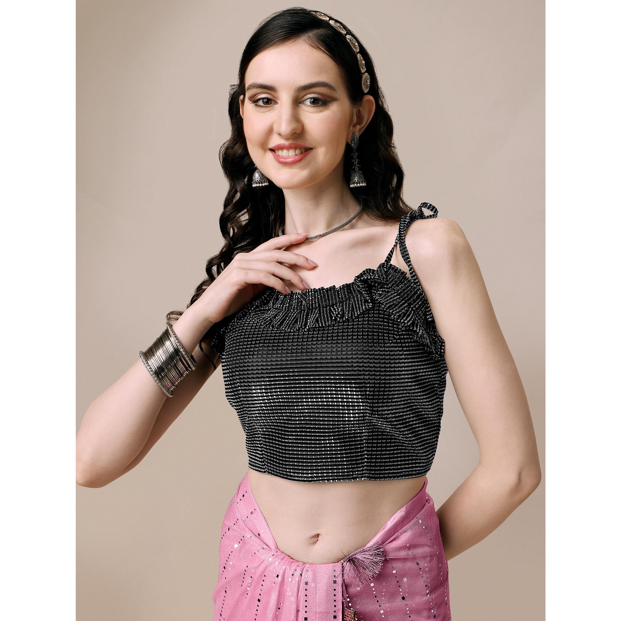 Onion Pink Striped Foil Printed Rayon Saree