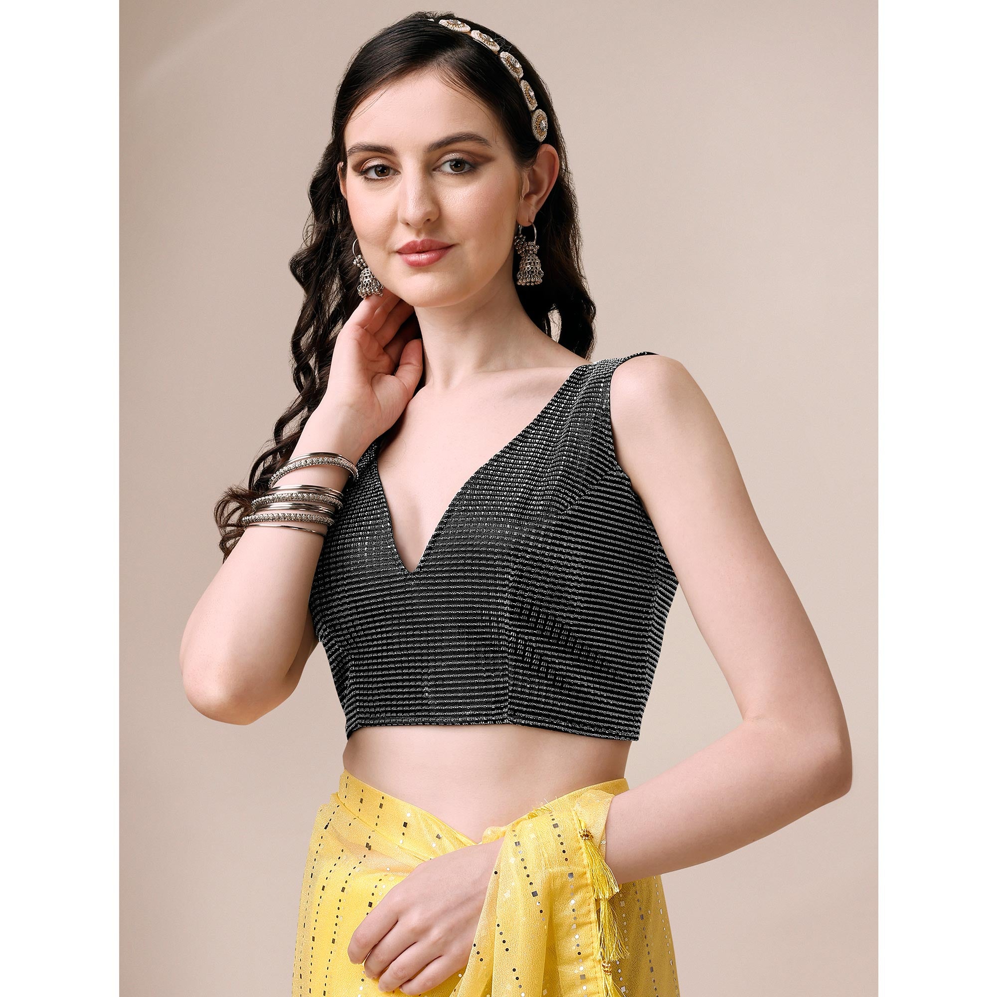 Yellow Striped Foil Printed Rayon Saree