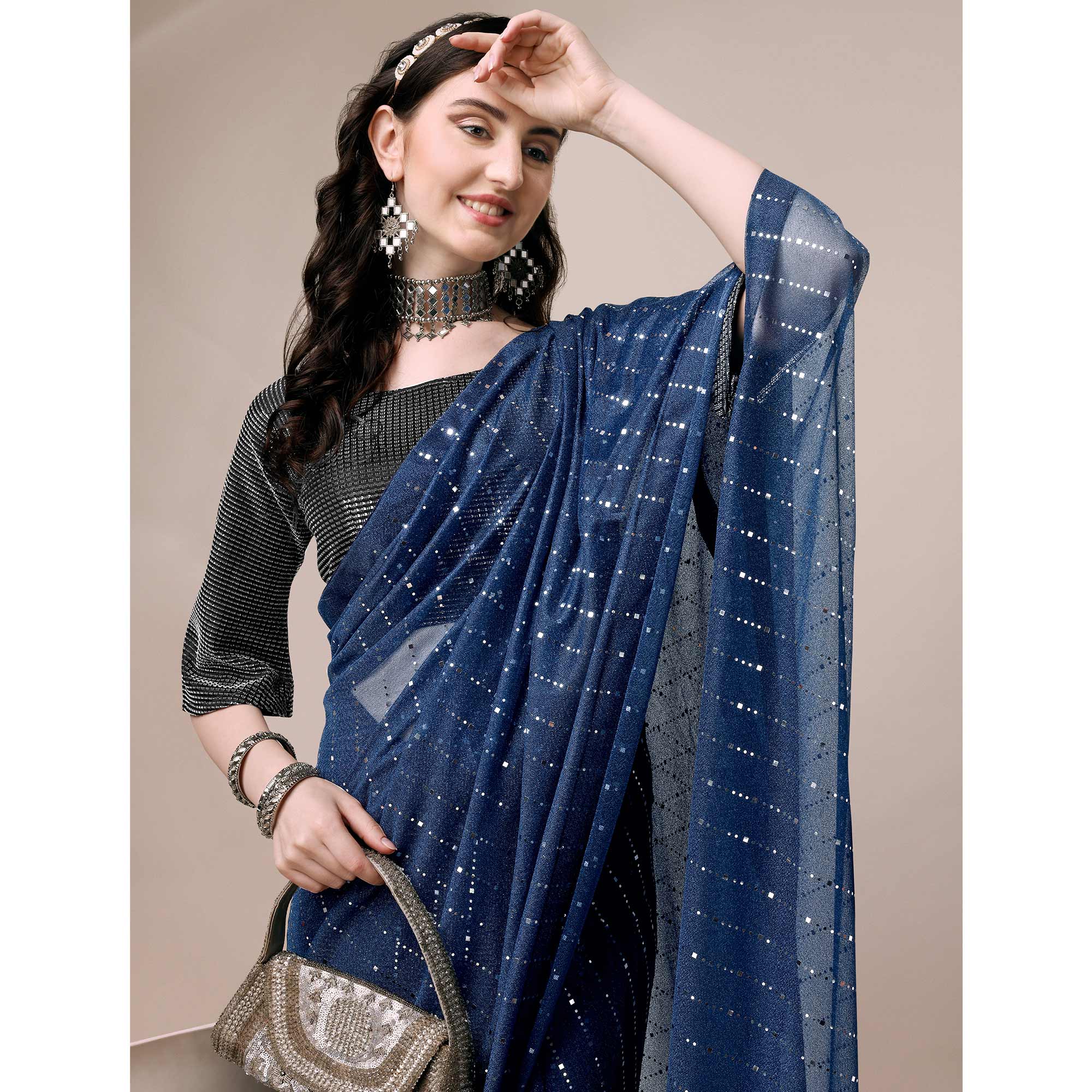 Blue Striped Foil Printed Rayon Saree
