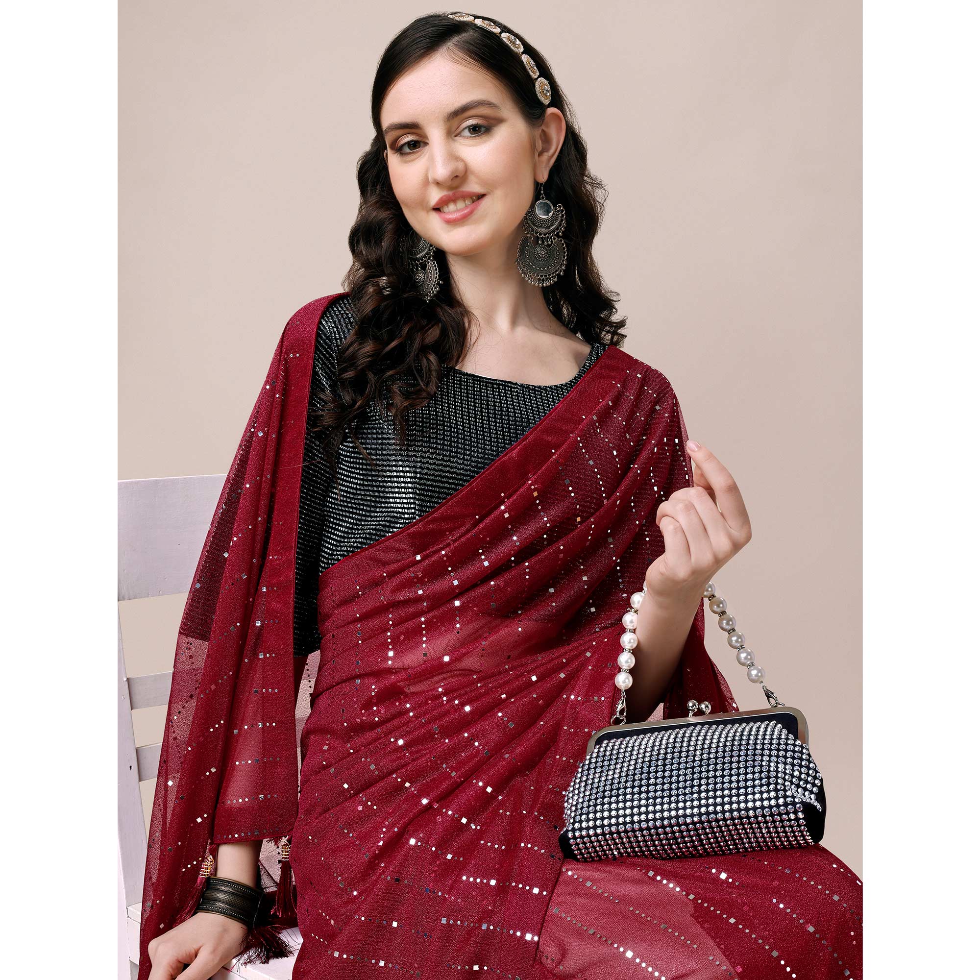 Maroon Striped Foil Printed Rayon Saree