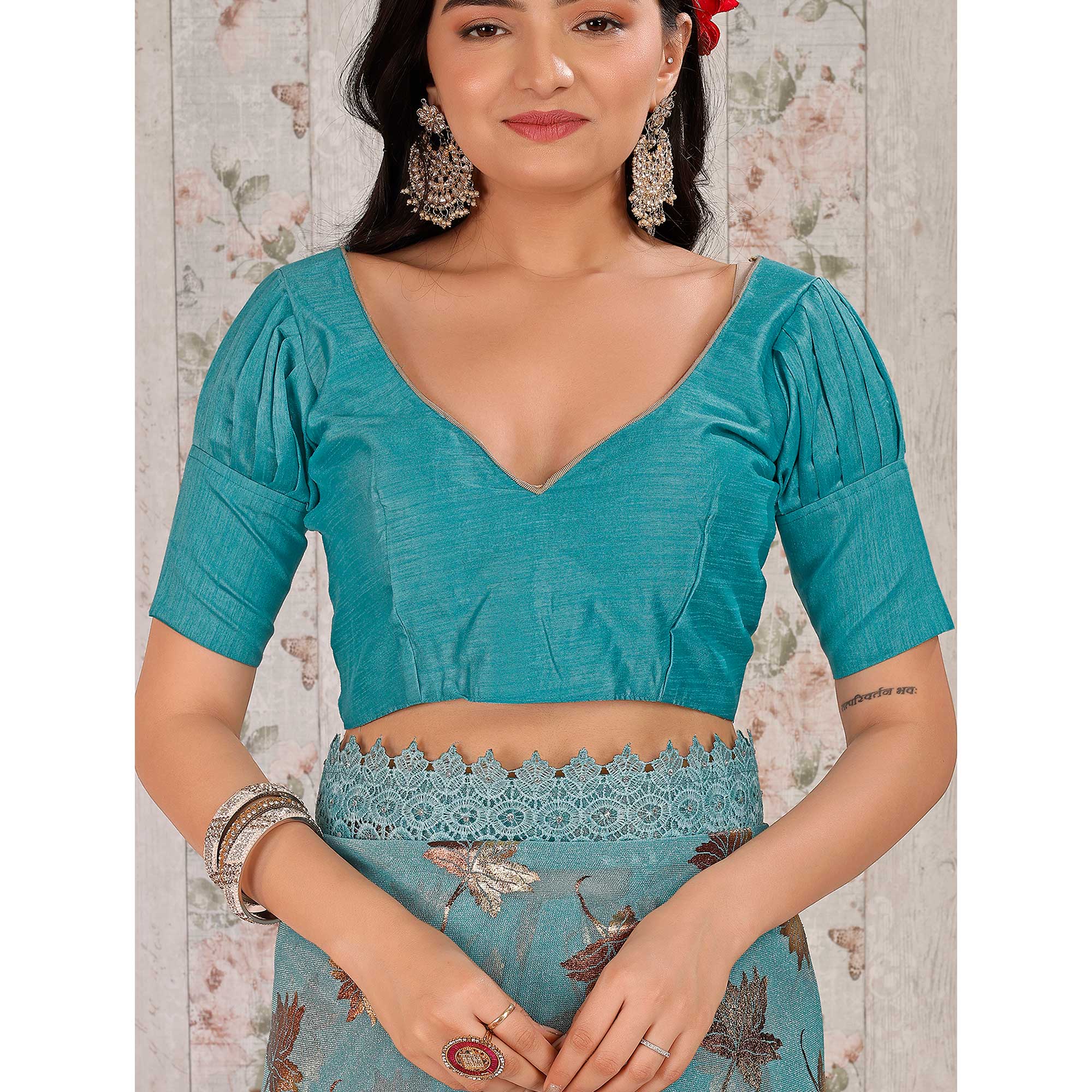 Blue Foil Printed Lycra Saree With Embroidered Lace Border