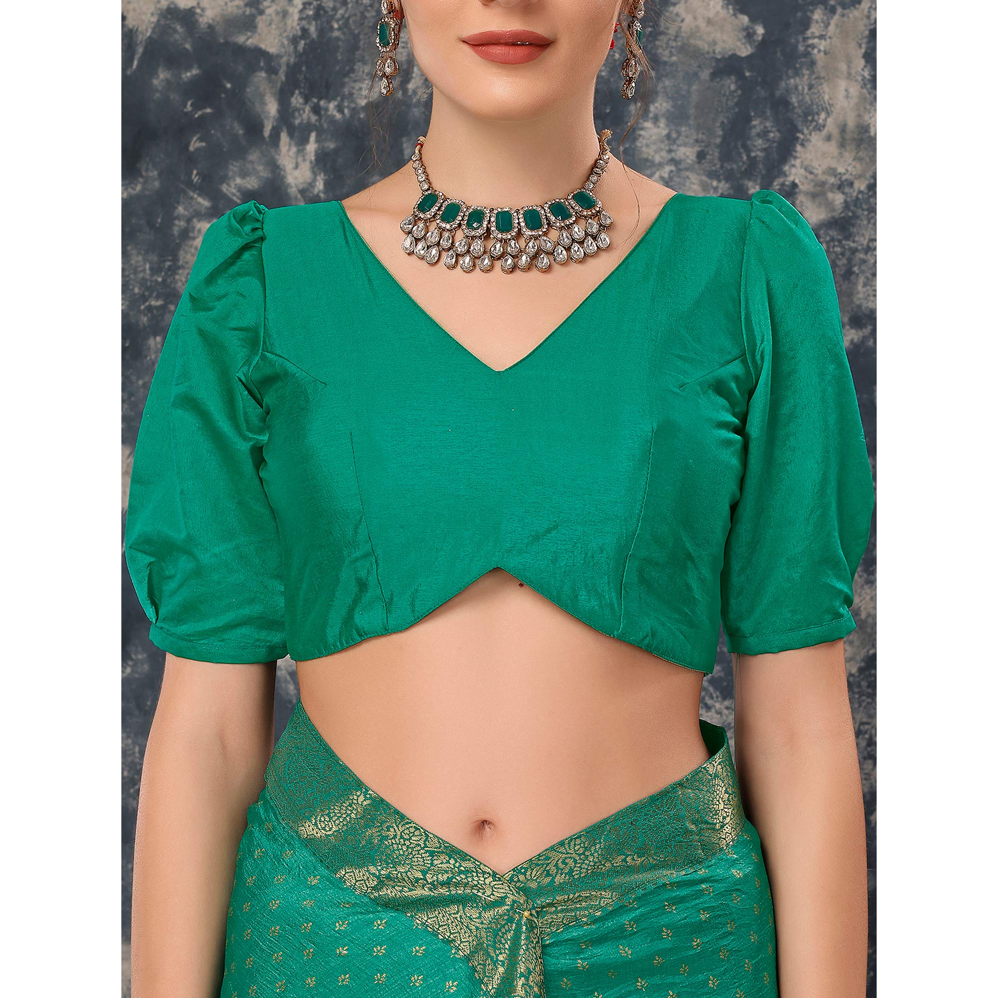 Rama Green Floral Foil Printed Vichitra Silk Saree With Lace Border