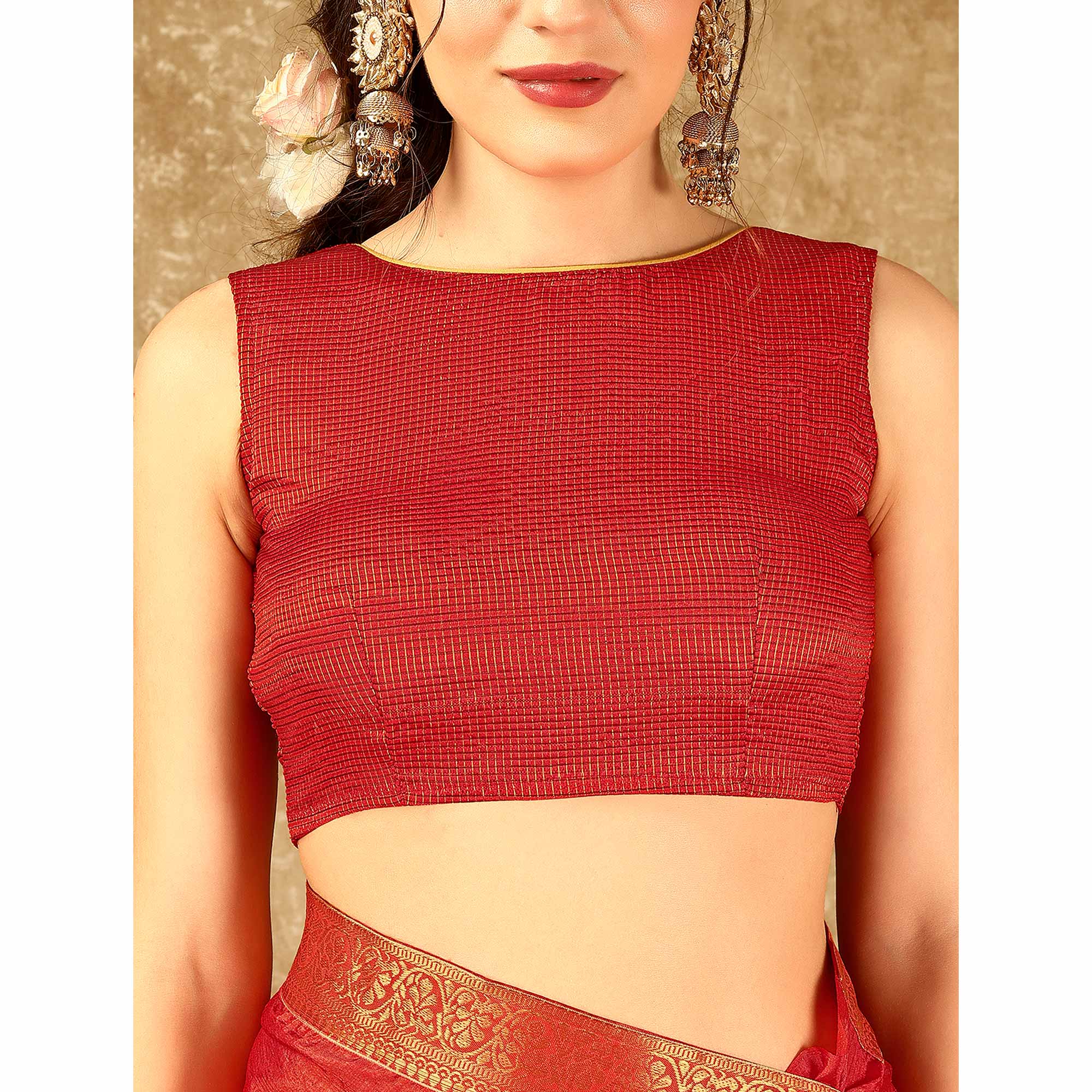Red Floral Swarovski Work Vichitra Silk Saree With Lace Border