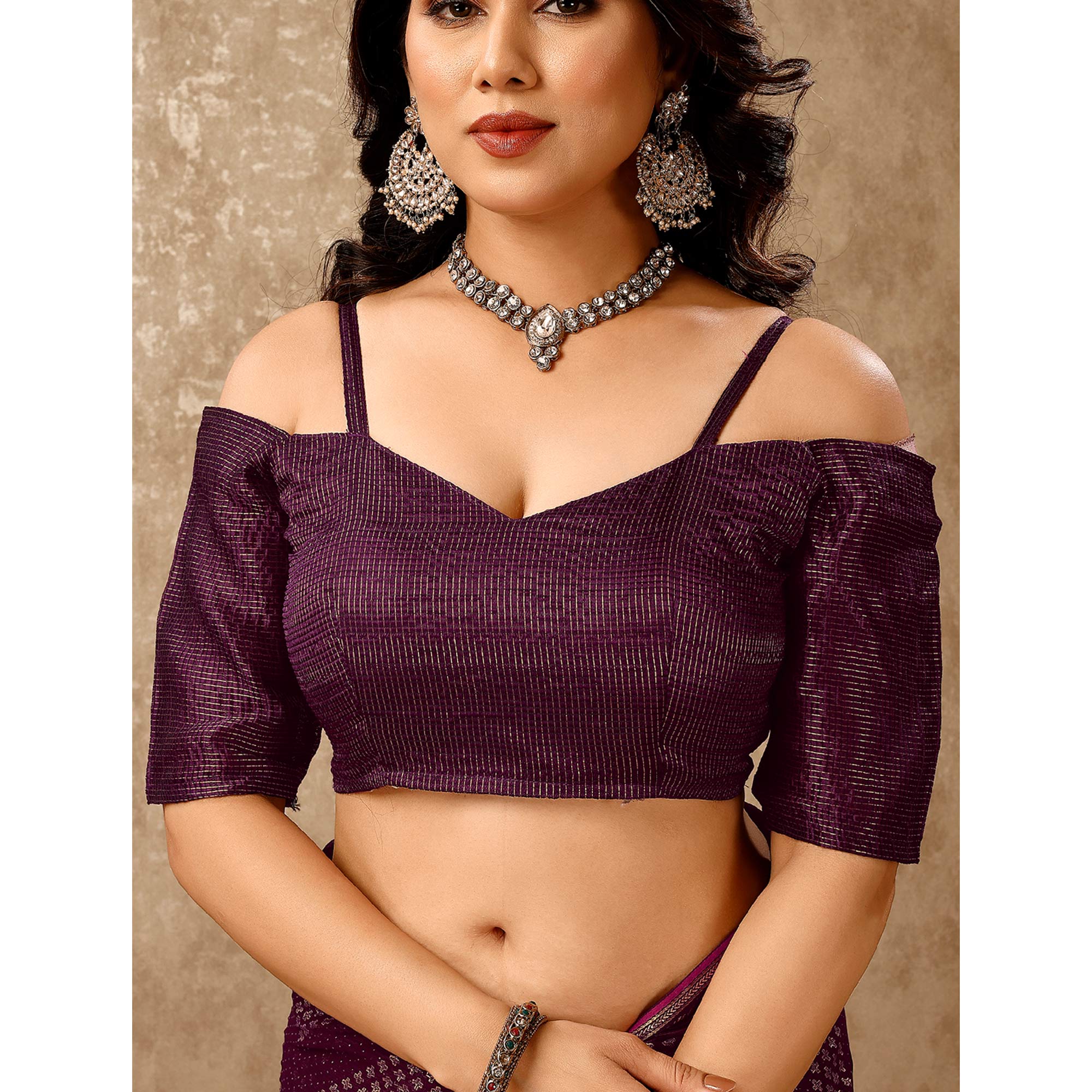 Purple Floral Swarovski Work Vichitra Silk Saree With Lace Border