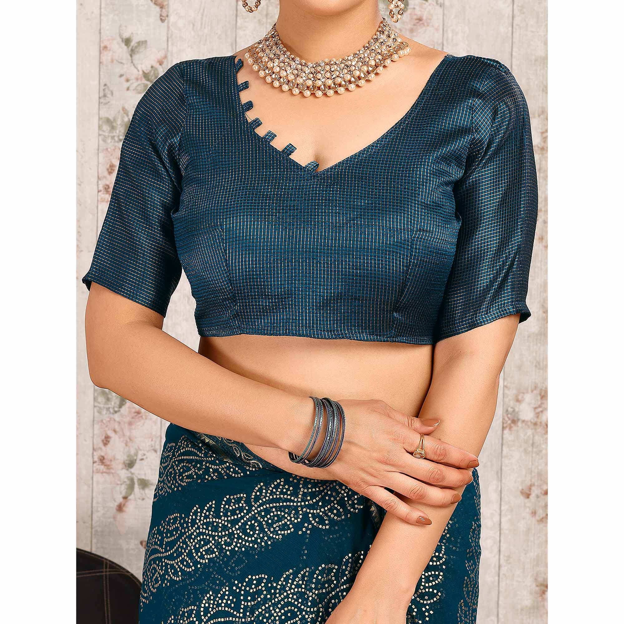 Blue Bandhani Foil Printed Chiffon Saree With Lace Border