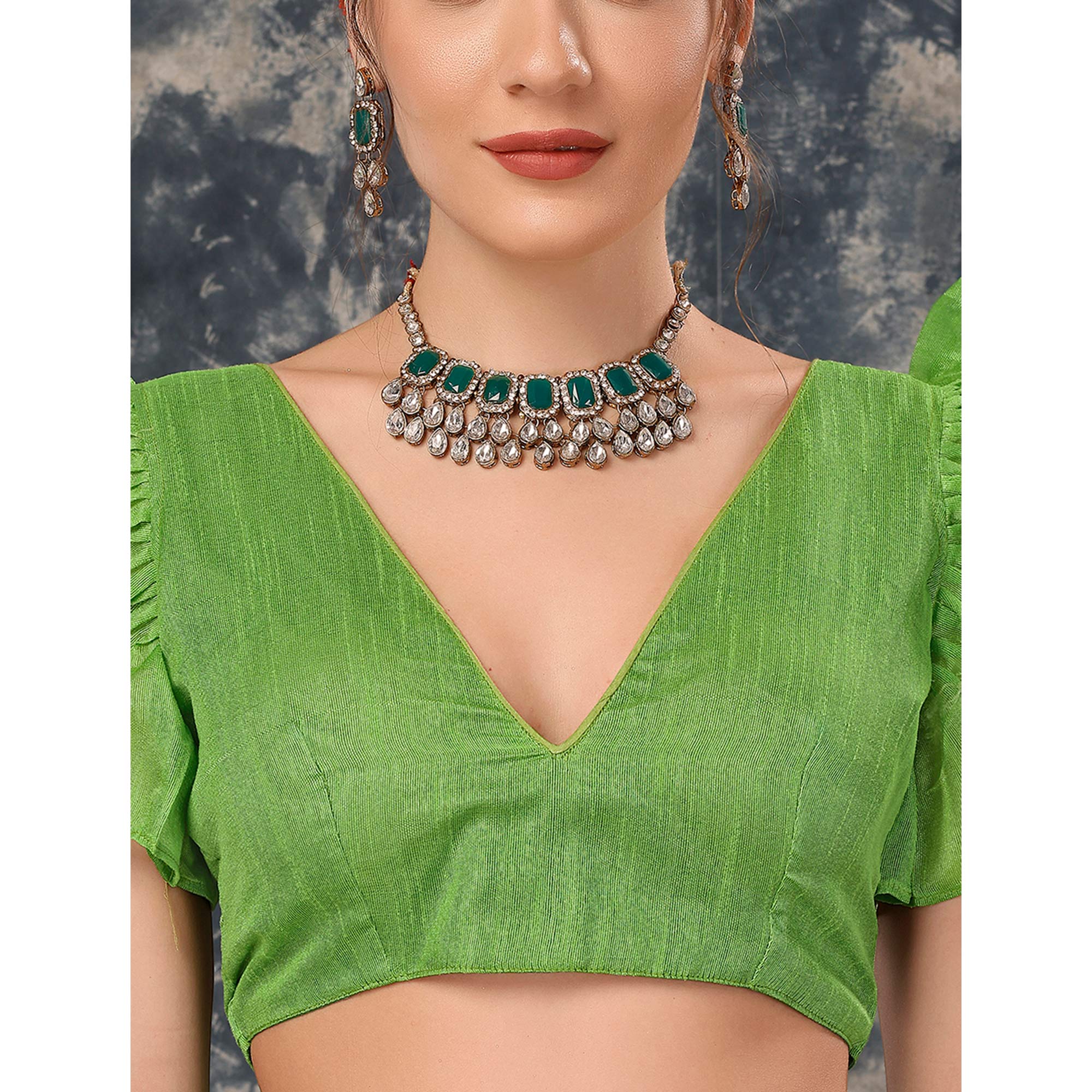 Green Printed With Zari Work Chiffon Saree With Lace Border