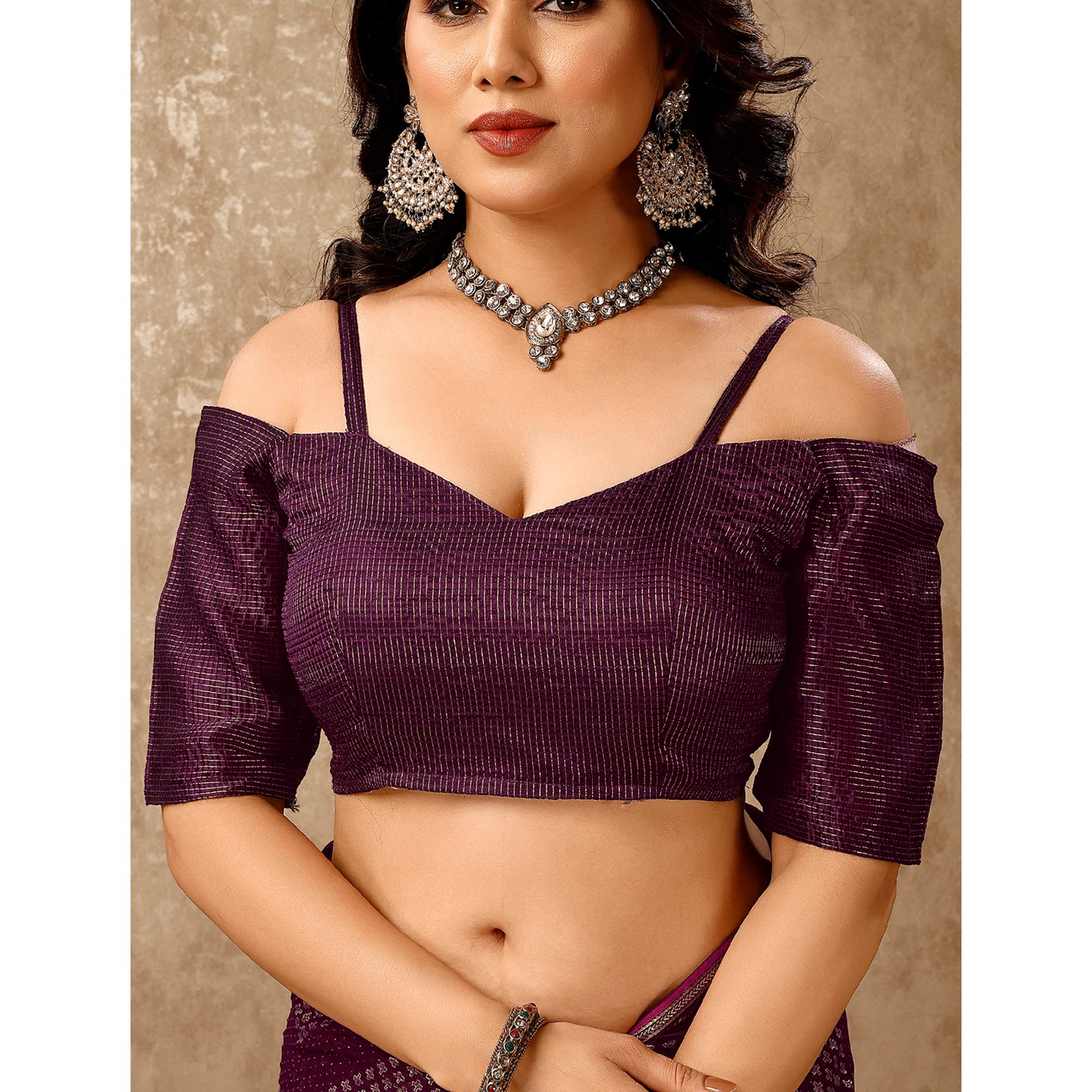 Purple Swarovski Work Vichitra Silk Saree With Lace Border