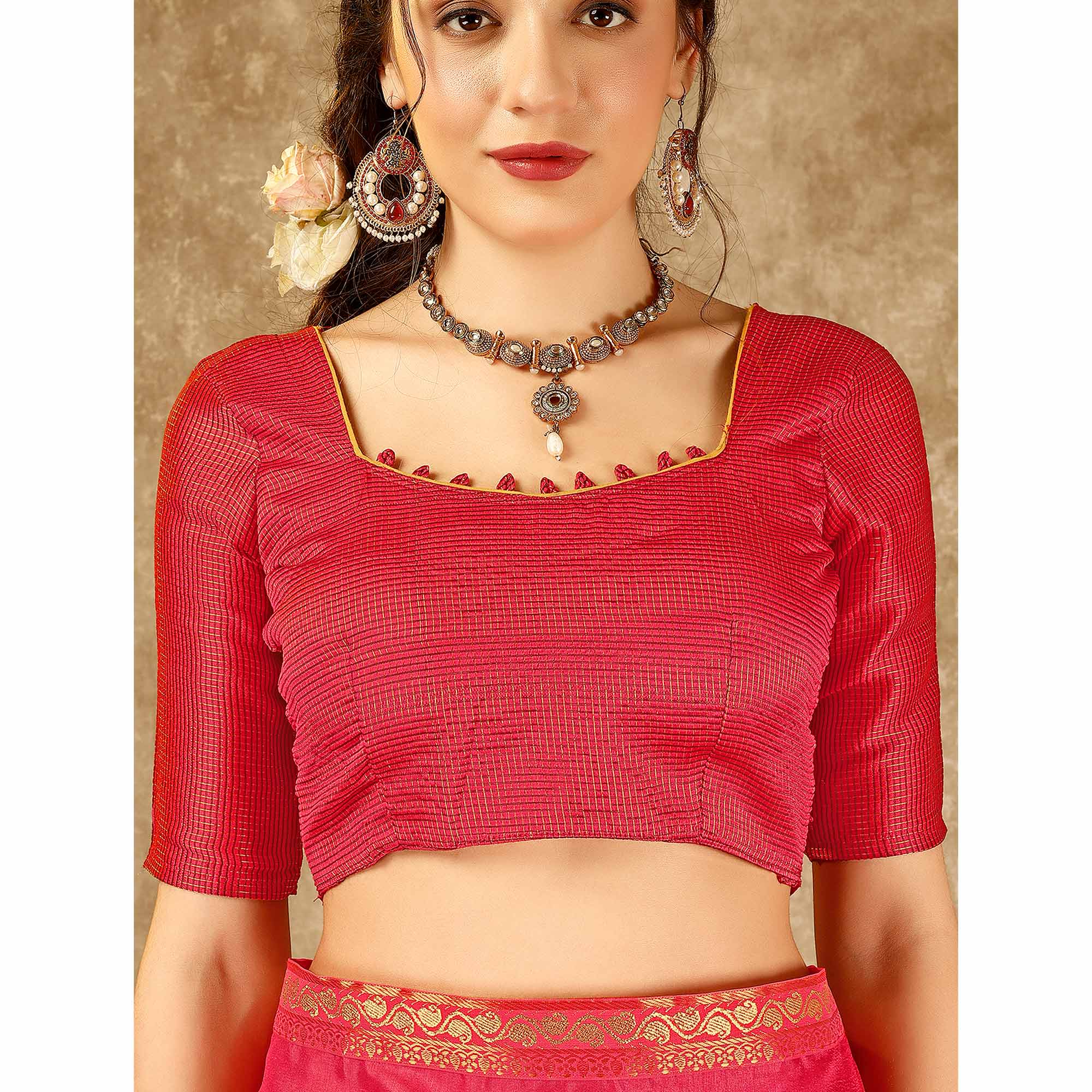 Pink Swarovski Work Vichitra Silk Saree With Lace Border