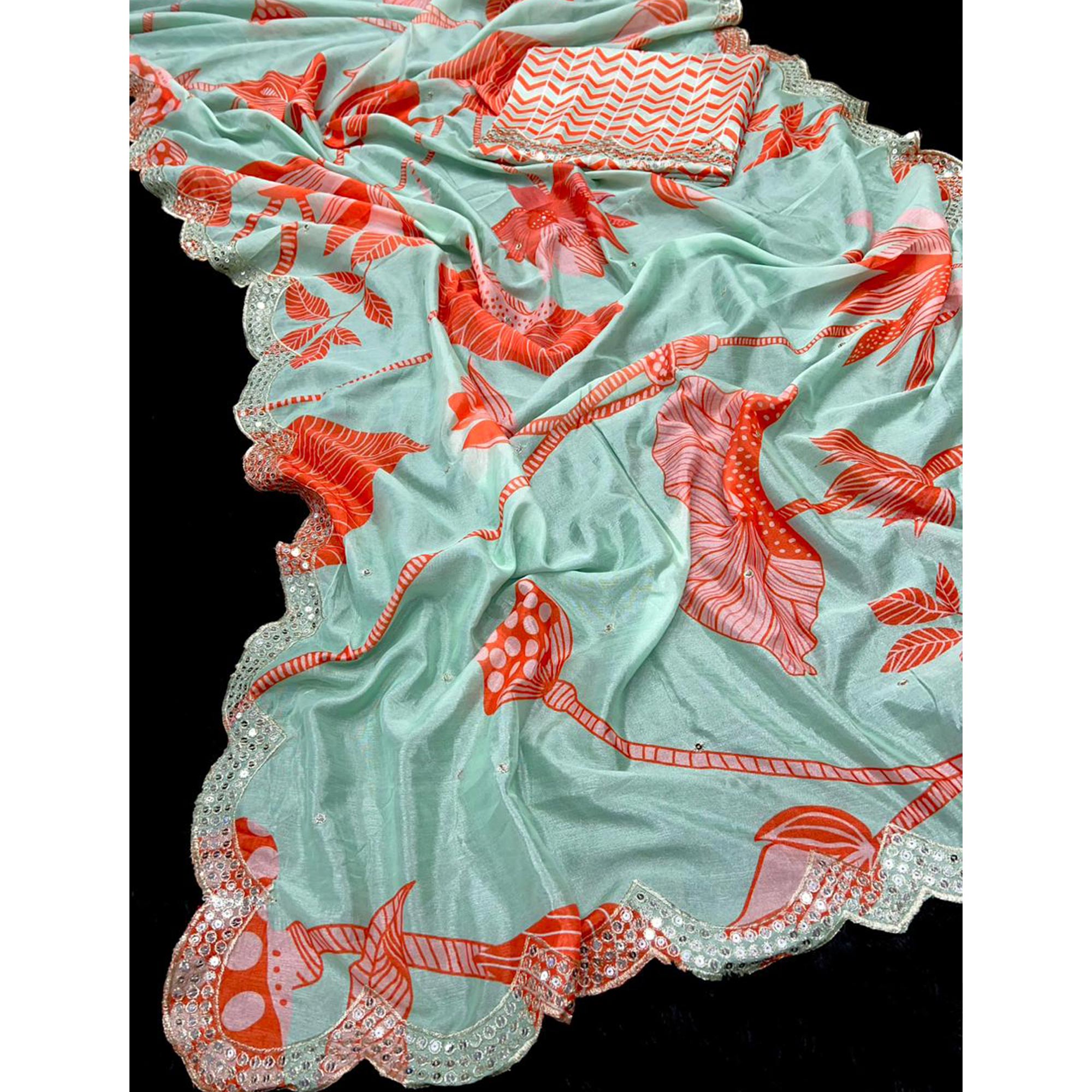 Turquoise & Orange Sequin Embroidered Vichitra Silk Saree