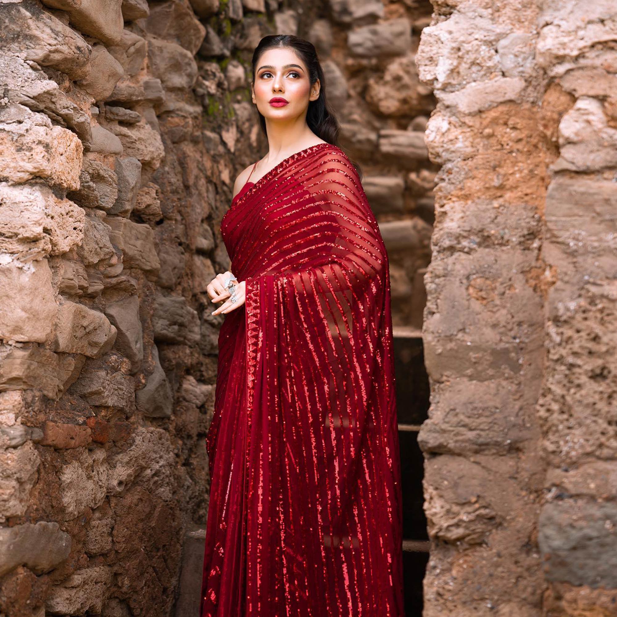 Red Sequins Embroidered Georgette Saree