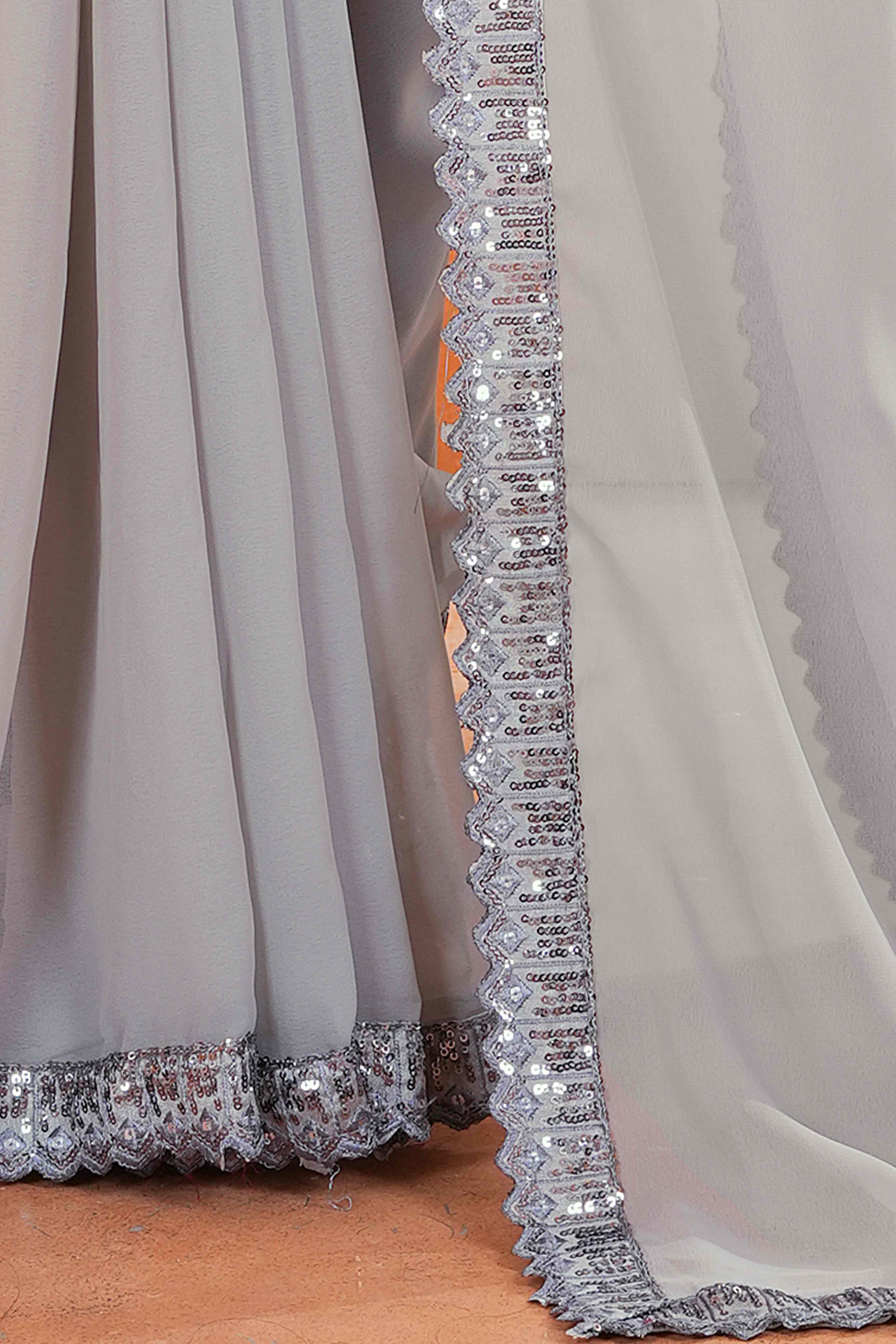 Grey Georgette Saree with Subtle Solid Pattern and Sequins Border
